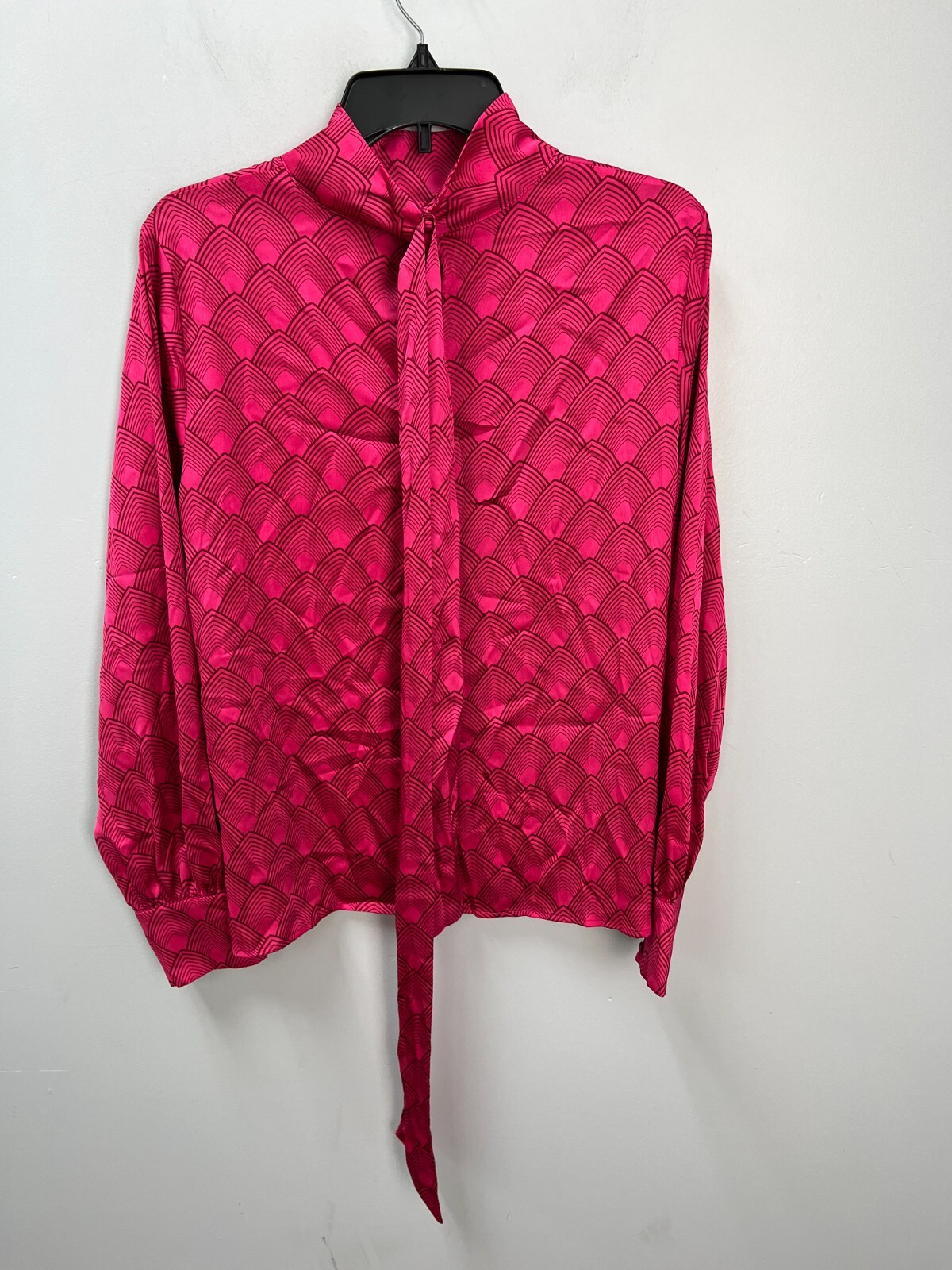Worthington Pink Geometric Pattern Mock Neck Blouse w/ Neck Tie Sz Large