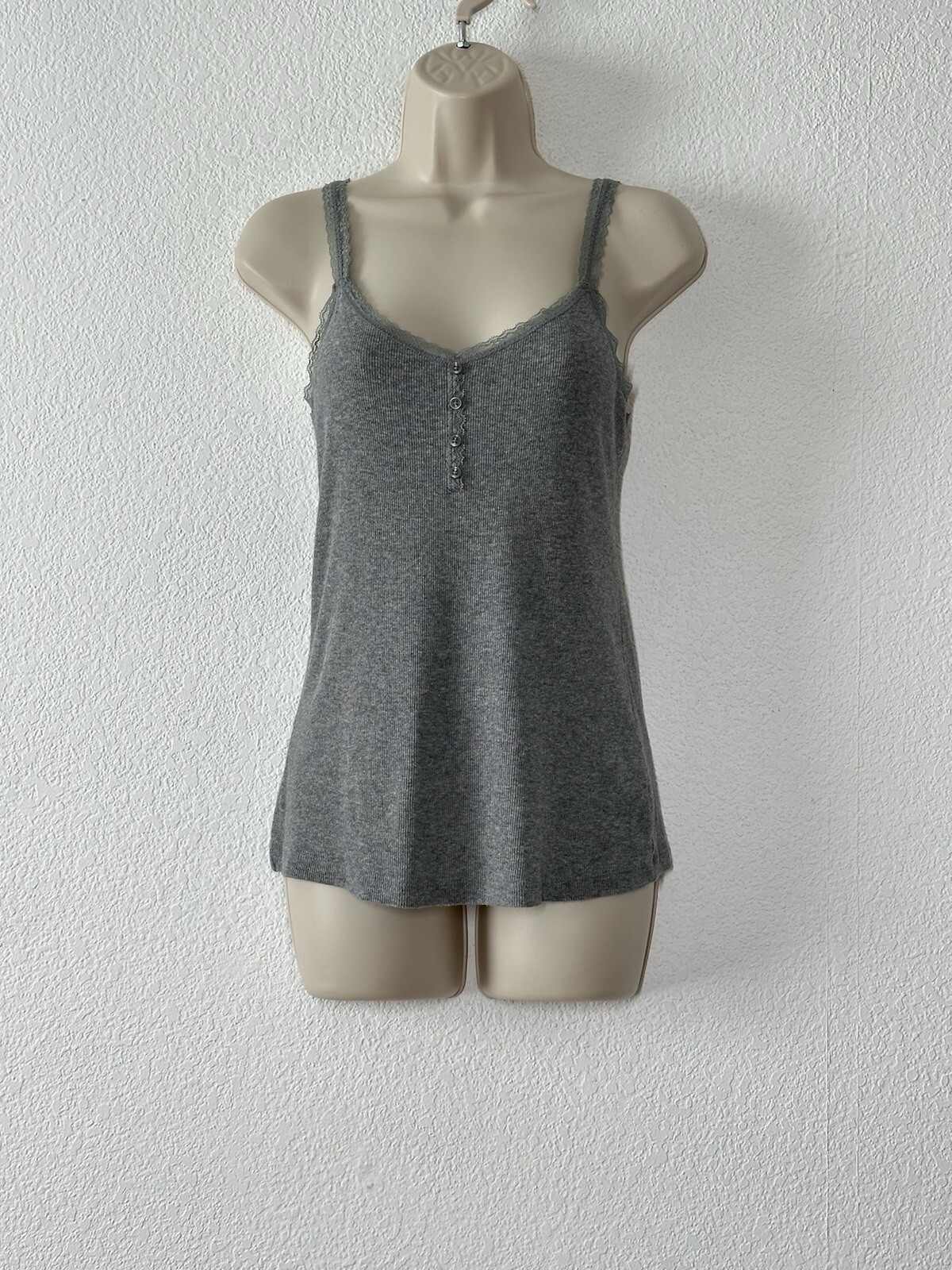 Y2K Gray Henley Tank Top Cami Lace Strap Button Rib Knit Size Small Preppy