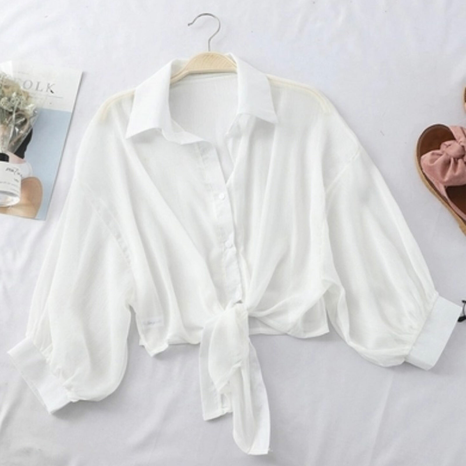 Women Long Sleeve Blouse Crop Top Front Knot Cardigan Button Down Lapel Shirt