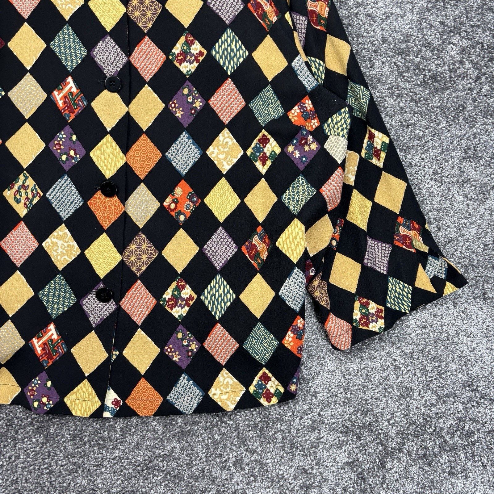 Harari Blouse Top & Pants Womens Large 100% Silk Asian Art To Wear Argyle READ