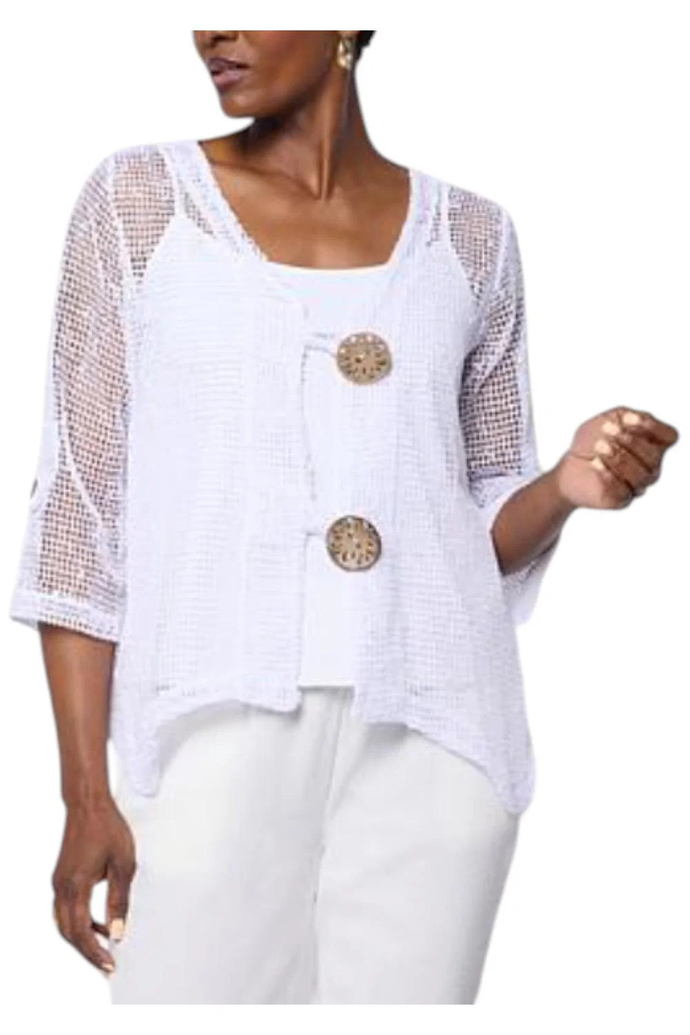 Nina Leonard Women’s 3/4-Sleeve Bolero Top with Coconut Buttons Ivory