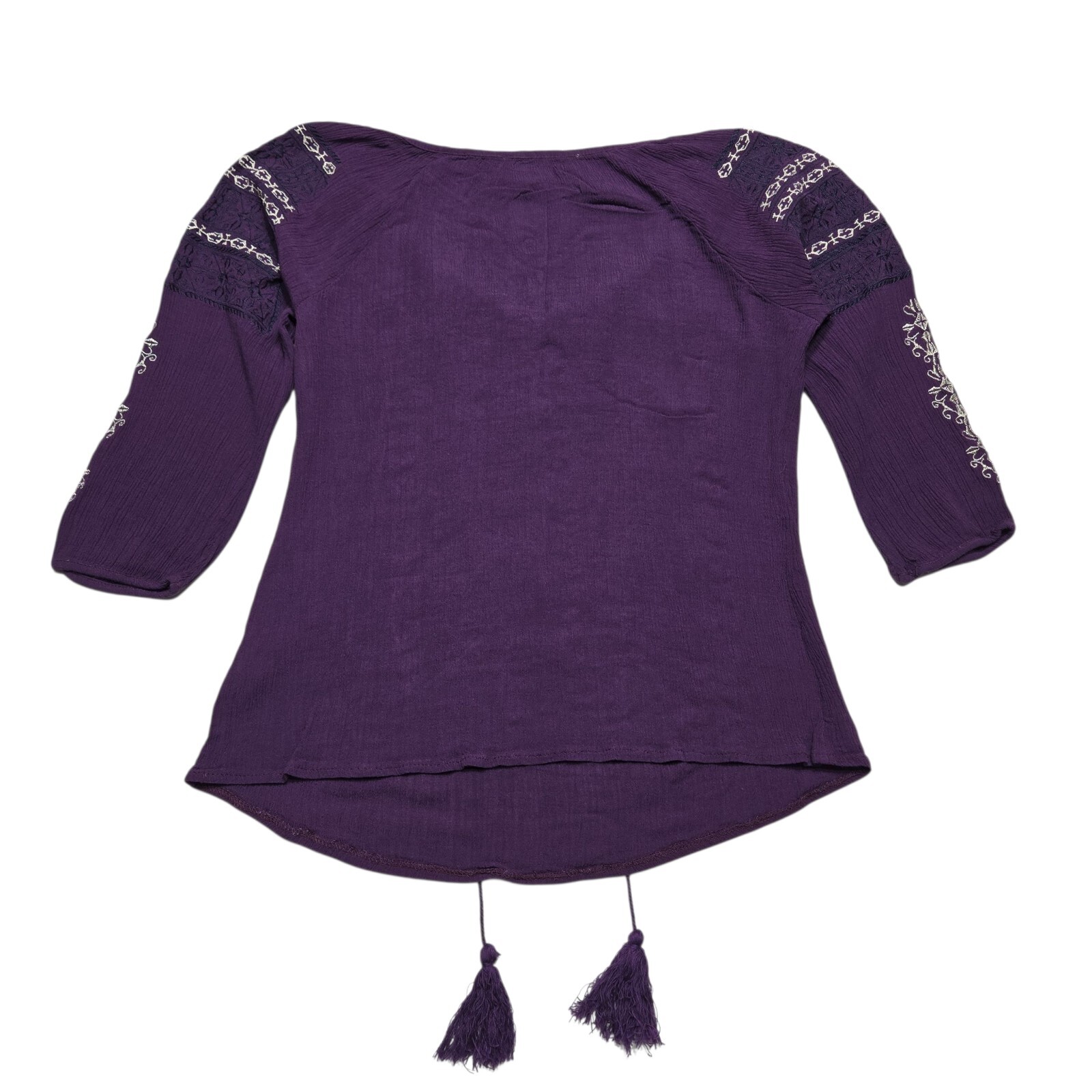 Solitaire Top Womens Large Purple 3/4 Sleeve Boho Blouse Embroidered Tasseled