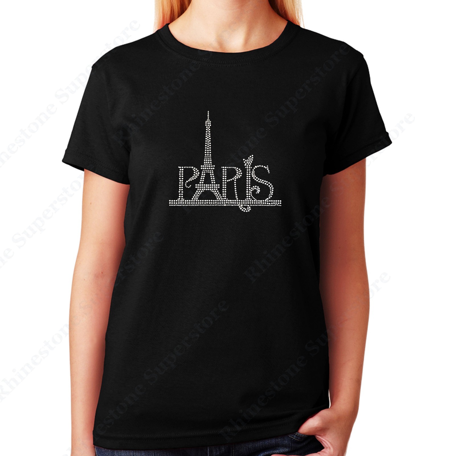 Womens / Unisex Rhinestone T-shirt ” Paris Eiffel Tower ” in S, M, L, XL, 2X, 3X