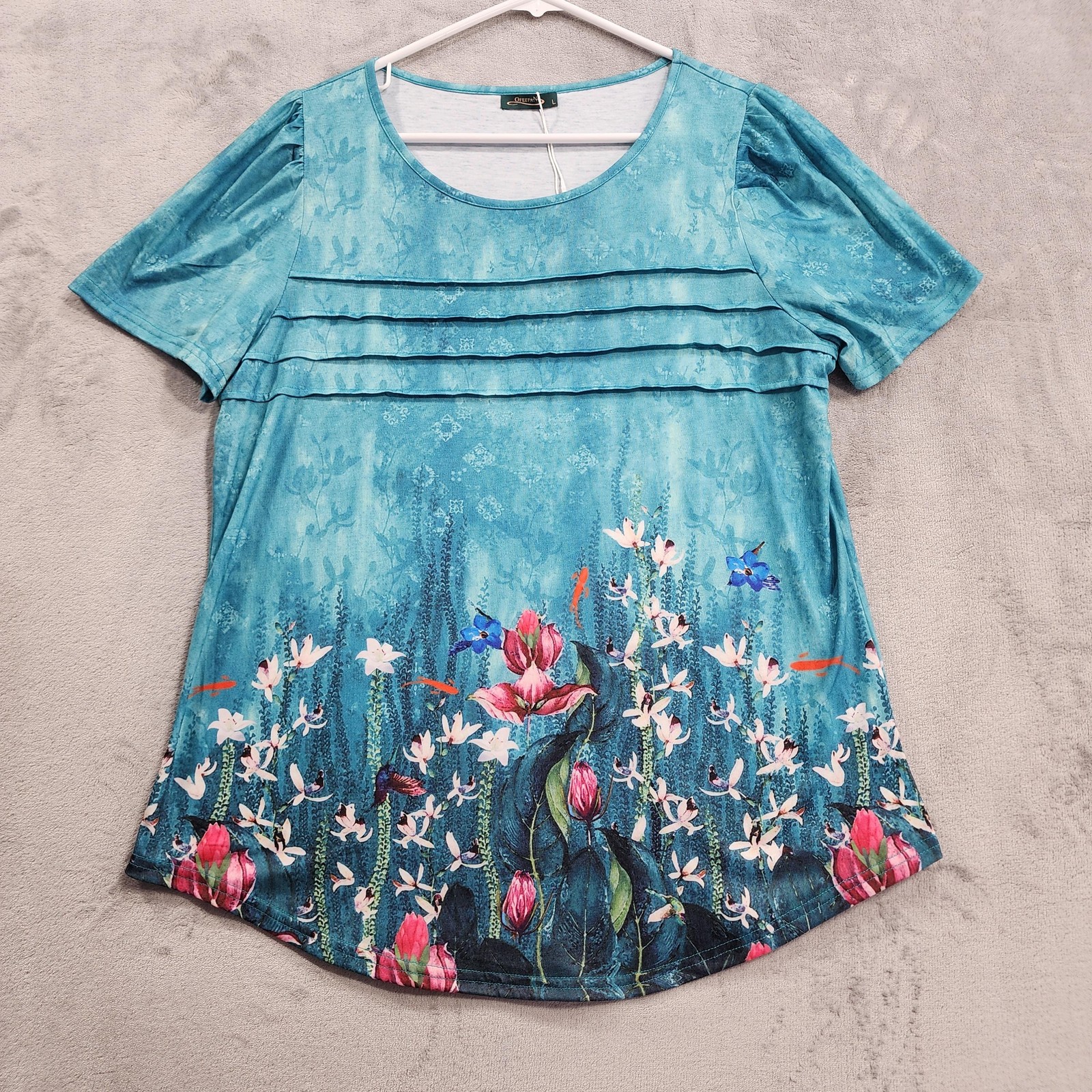 NEW Ofeefan Top Womens L Blue Floral Pleated Short Sleeve Tunic Tee Casual