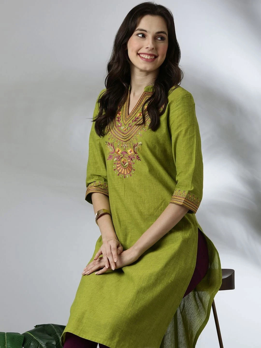 Indian Women Green Cotton Thread Work Solid Kurta Kurtis Top Tunic New Dress