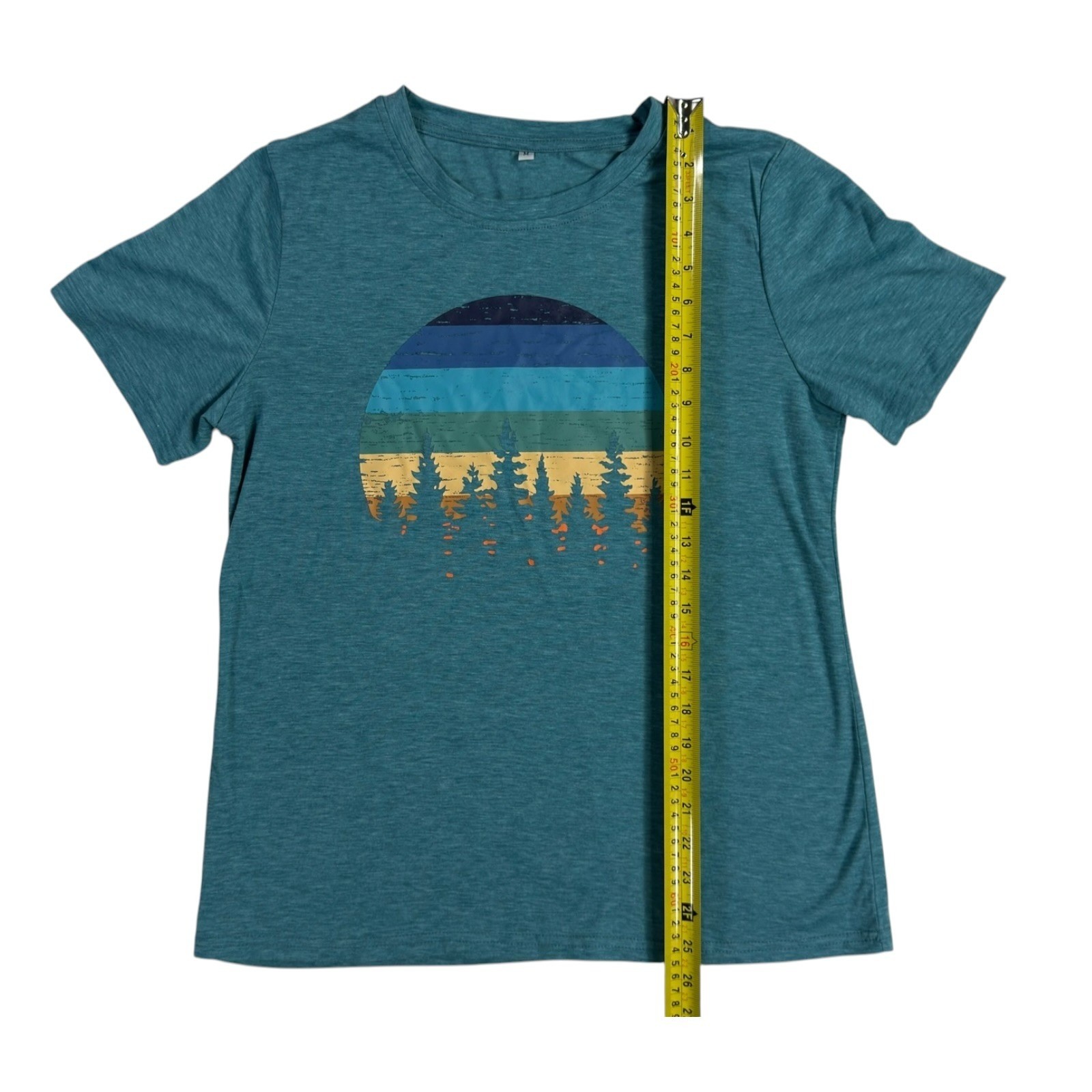 NWOT Graphic Tee Women M Teal Retro Forest Sunset T-Shirt Naturecore Hiking