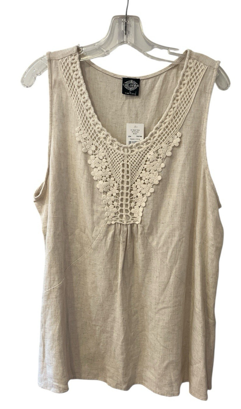 Cal Style Tank Top Women Large Linen Blend Scoop Neck Crochet Cream Boho Chic