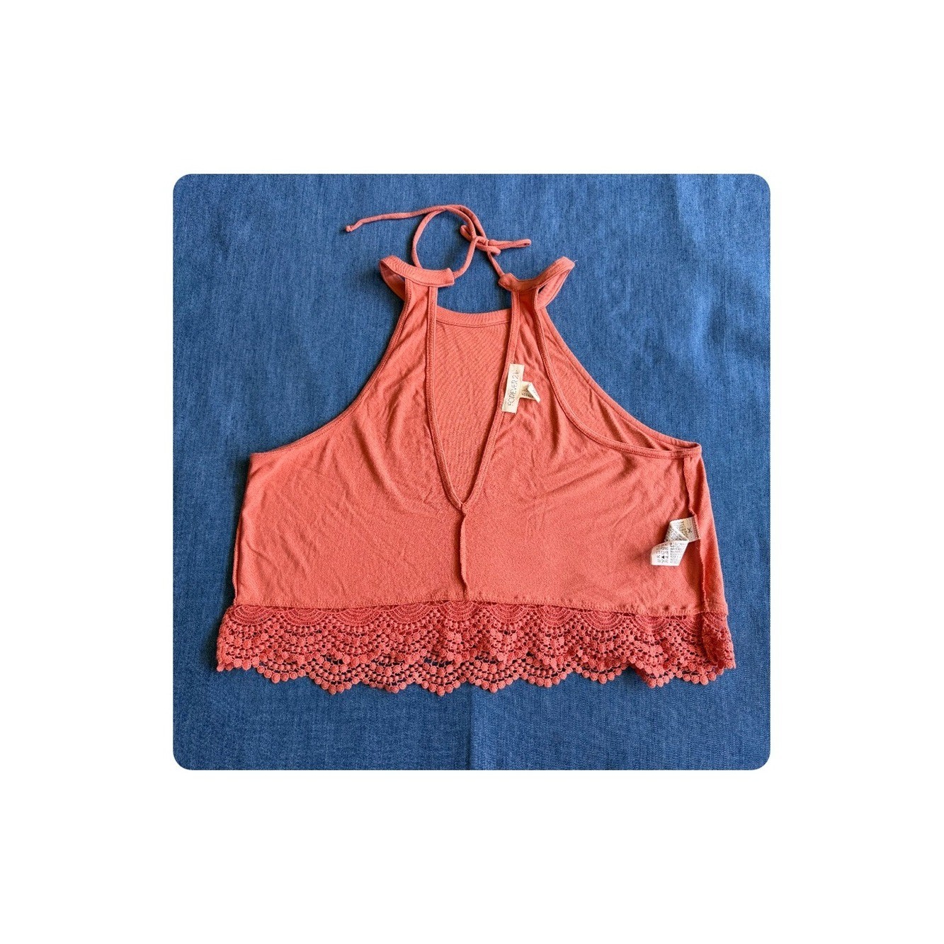 Forever 21 Boho Halter Tie Back Lace Hem Top Peach