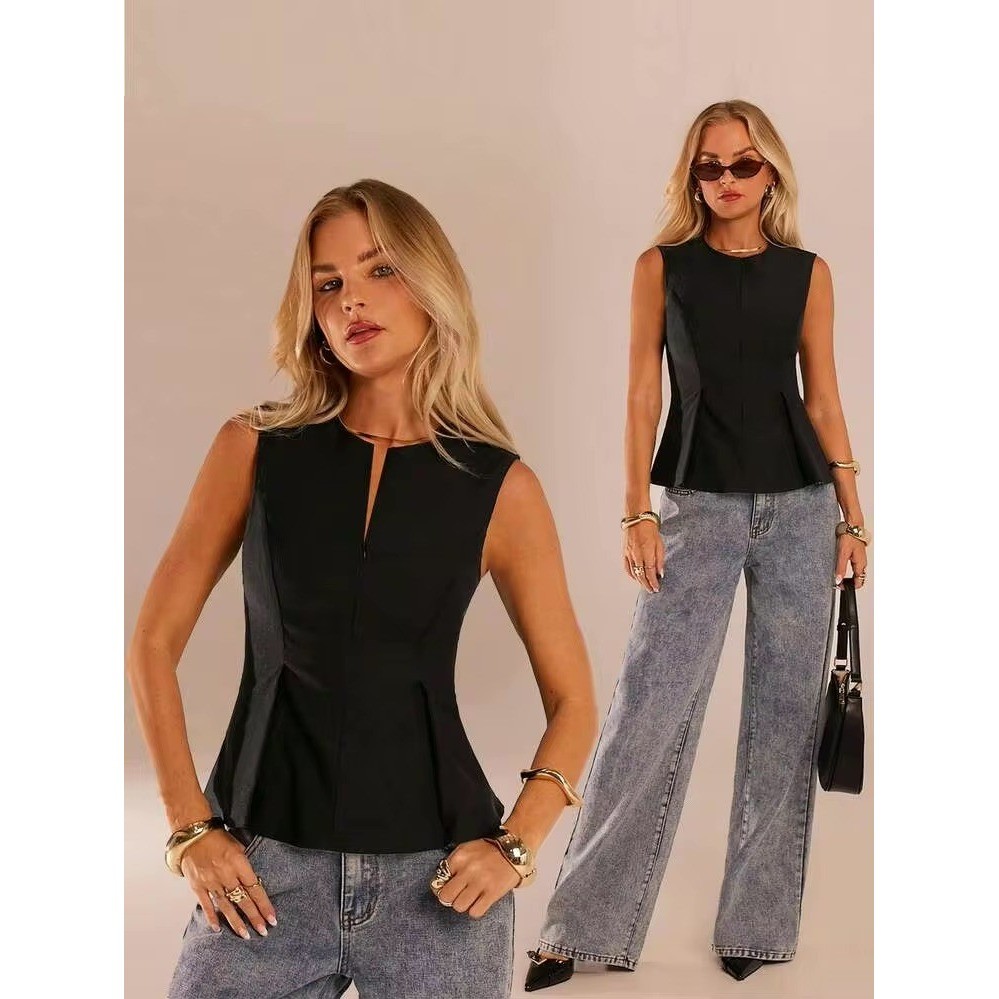 Corporate Goth Black Sleeveless Pleated Office Siren Peplum Top Front Zip M 6