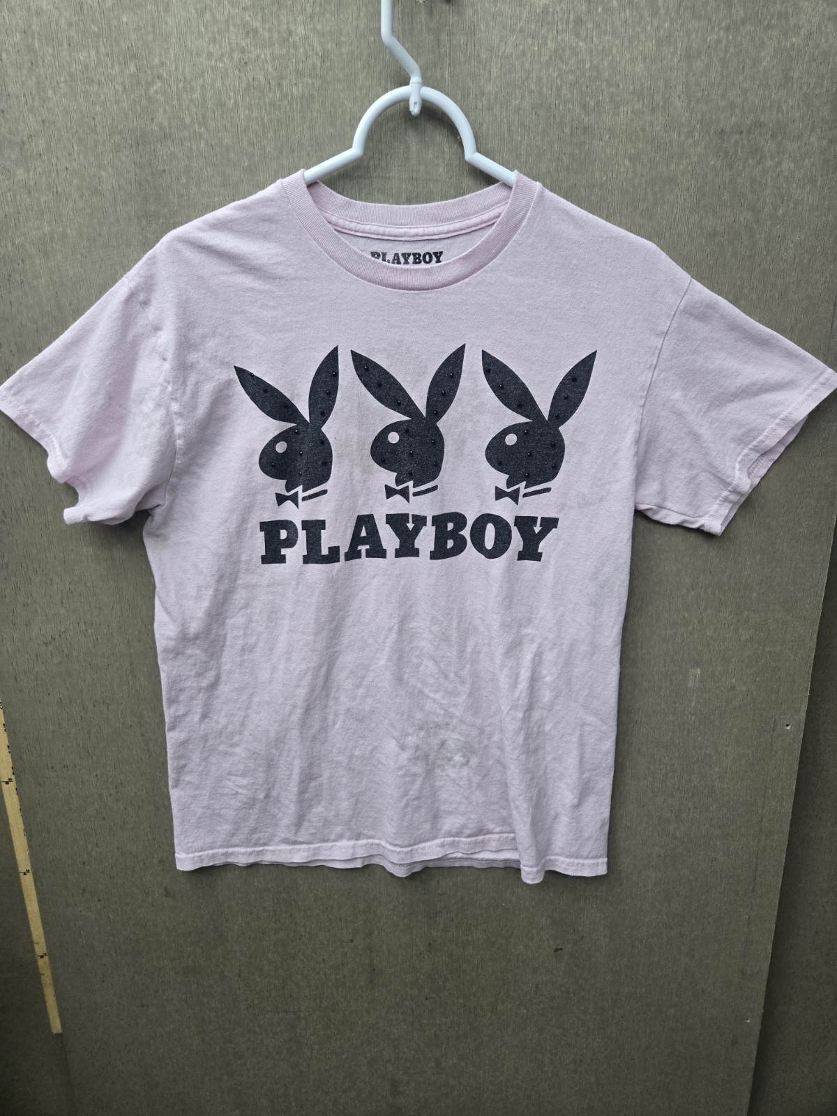 Playboy Triple Bunny Logo T Shirt Light Pink Rhinestone Graphic Womens Medium