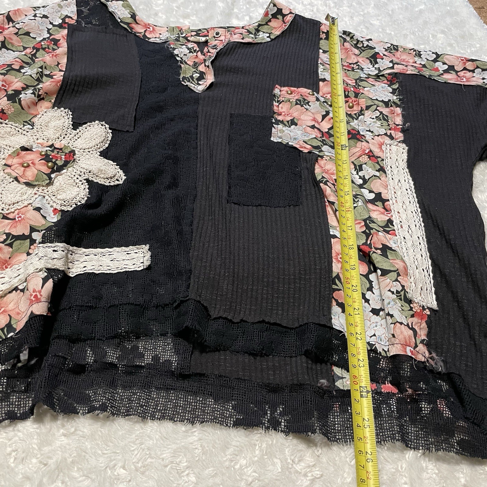 POL patchwork black floral boho hippie oversize top S crochet grunge studs lace