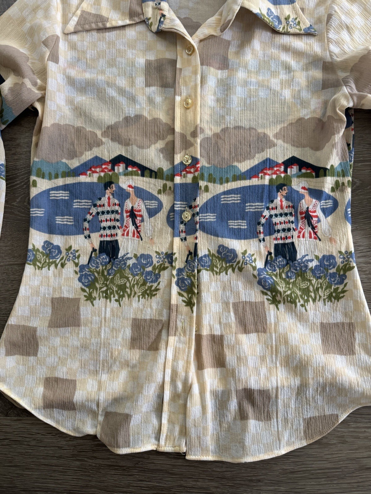 Vtg Novelty Print ART DECO Flapper CLOUDS Beach Abstract PSYCHEDELIC Top S/M 🔥