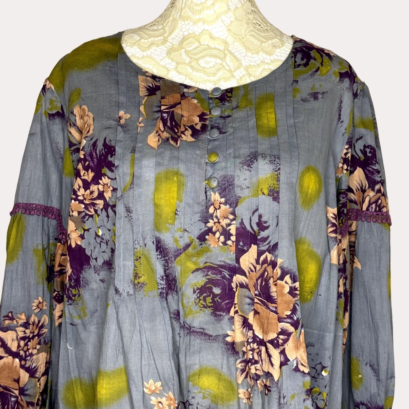 World Market Boho Pleated Crochet Trim Swing Top Blouse Floral S M