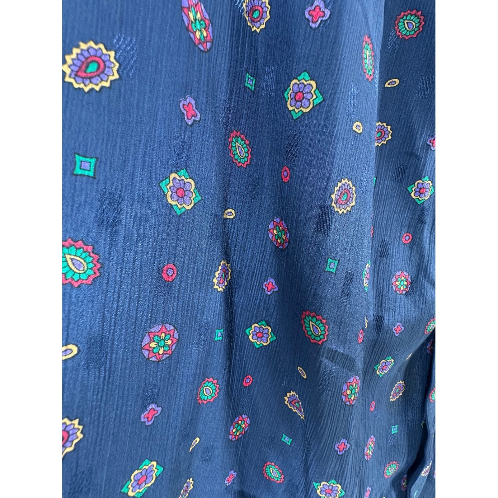 Catalina Vintage Navy Blue Tie Neck Medallion Print Blouse Womens 12 Long Sleeve