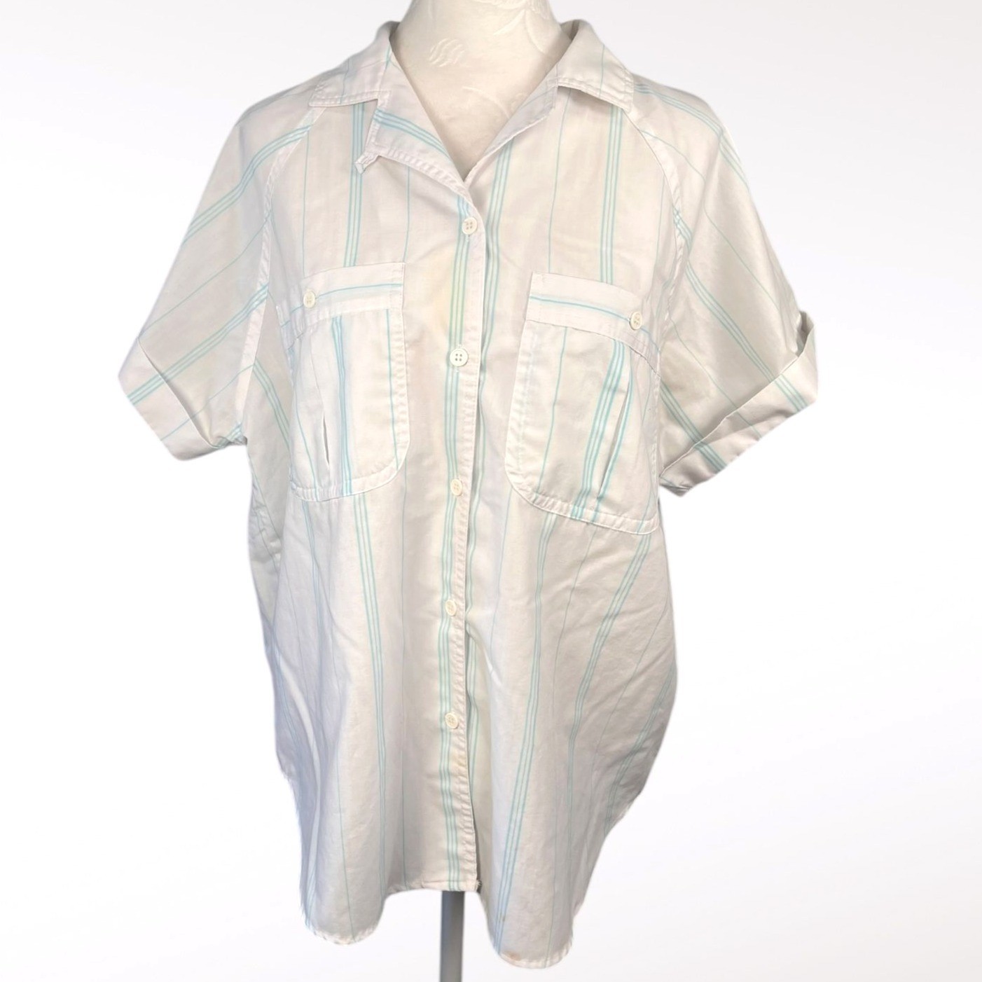 Apricot Bay Short Sleeve Shirt Cotton Blend White Blue Large