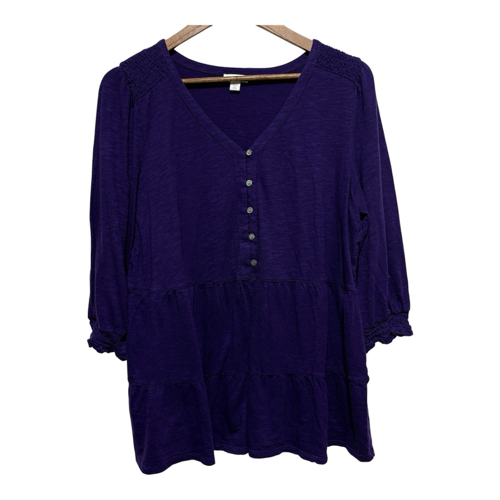 J Jill Top Womens L Petite Dark Purple 3/4 Gathered Sleeve Babydoll Style Flowy