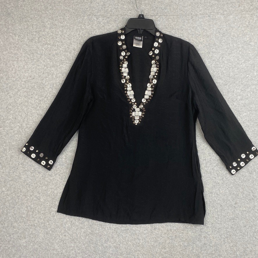 Sharon Young Top Womens Medium Black Sheer Beaded V-Neck Tunic Minimalist Glam