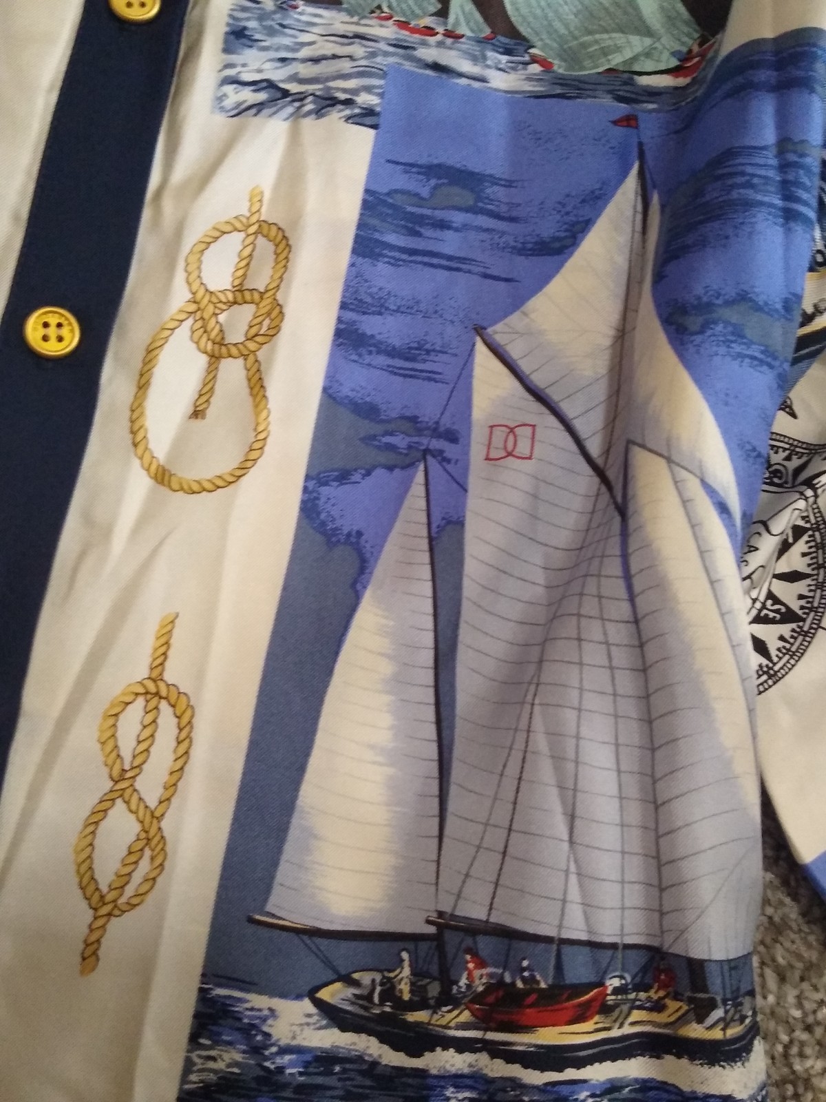 Button Down Shirt Nautical Sailing 100% Silk Blouse Vintage Doncaster Top L XL