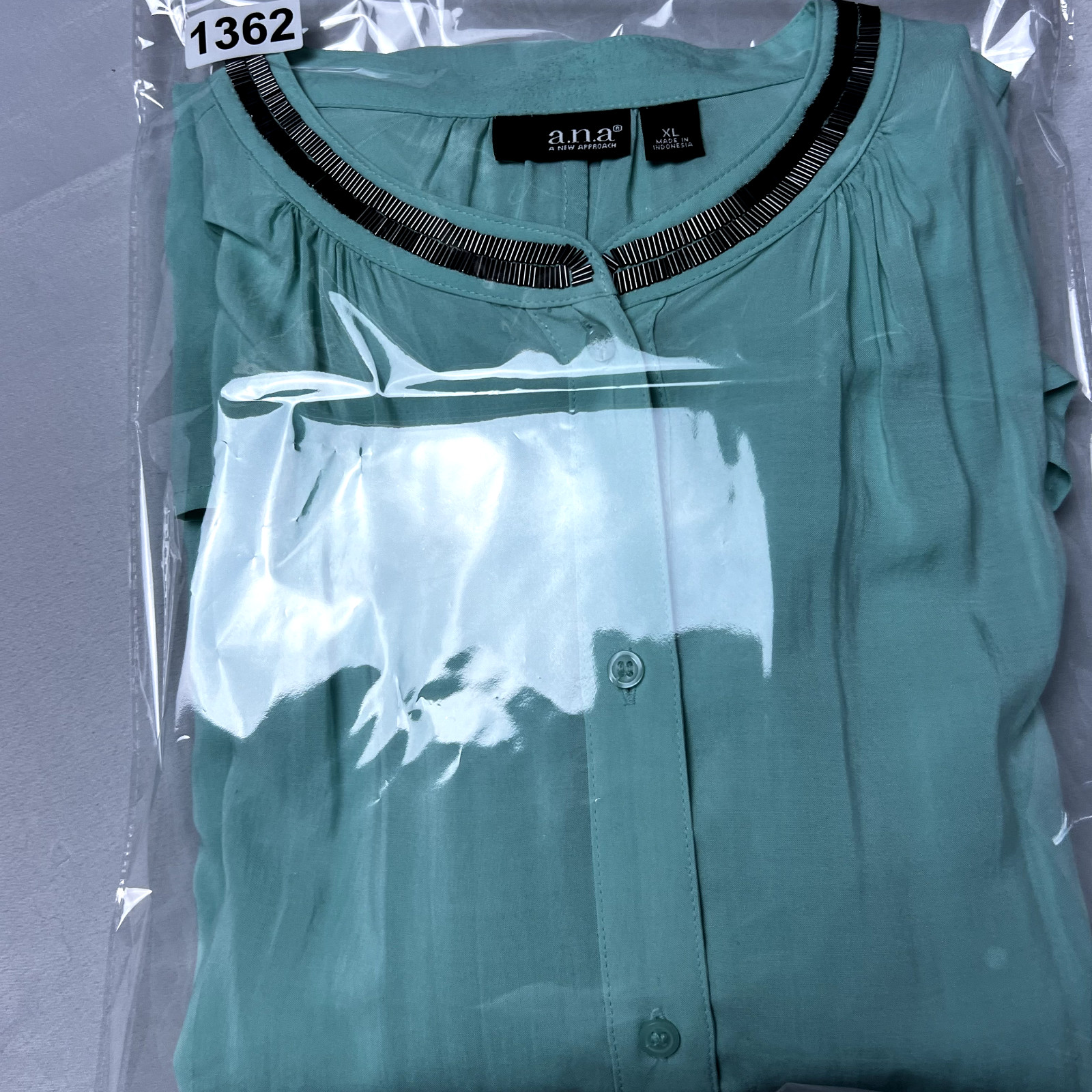 NWT a.n.a. Womens Size XL Holiday Aqua Blouse Office Wear Satin Beaded Accents