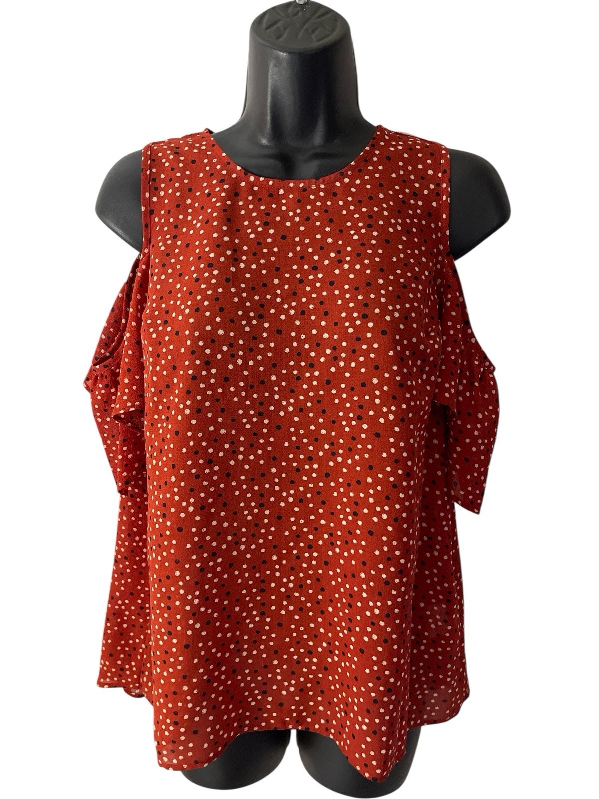 Violet & Roses Top Womens S Red Ditsy Dot Cold Shoulder Short Flutter Sleeves