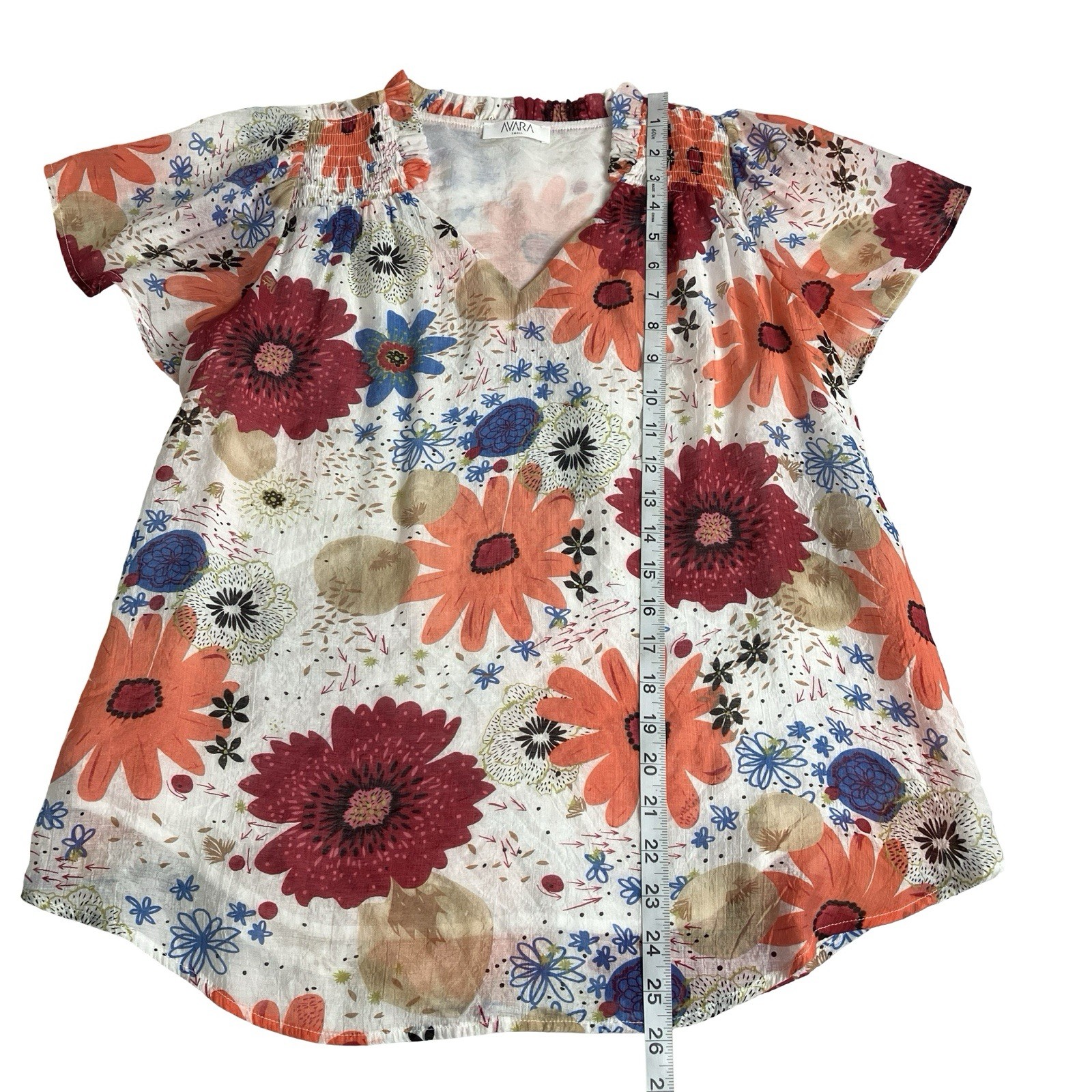 Avara Top Womens Small Floral All Over Print Split Neck Lined Ruffle Collar Boho