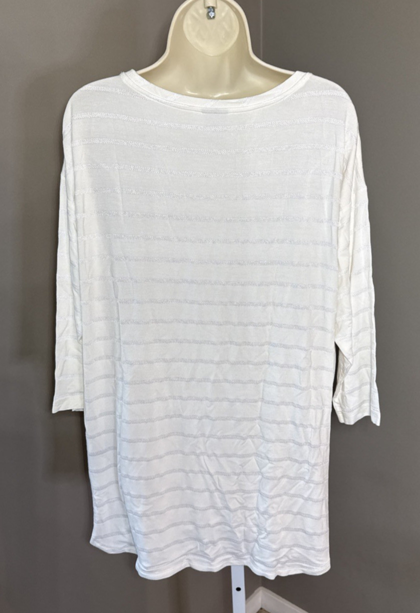 Chicos Zenergy Beige Striped Tunic 3/4 Sleeve SZ LG 12/14 Chicos 2 3/4 Sleeve