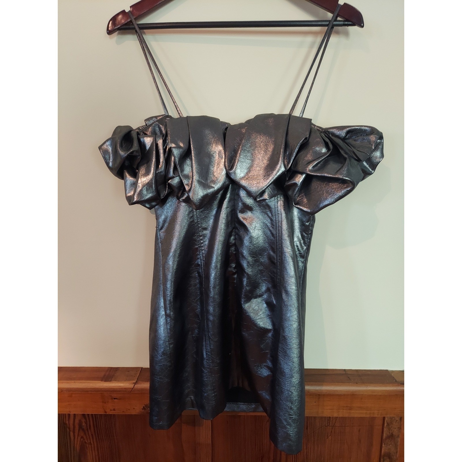 Zara Womens Top Size Small Metallic Silver Faux Leather Ruffle Spaghetti Strap