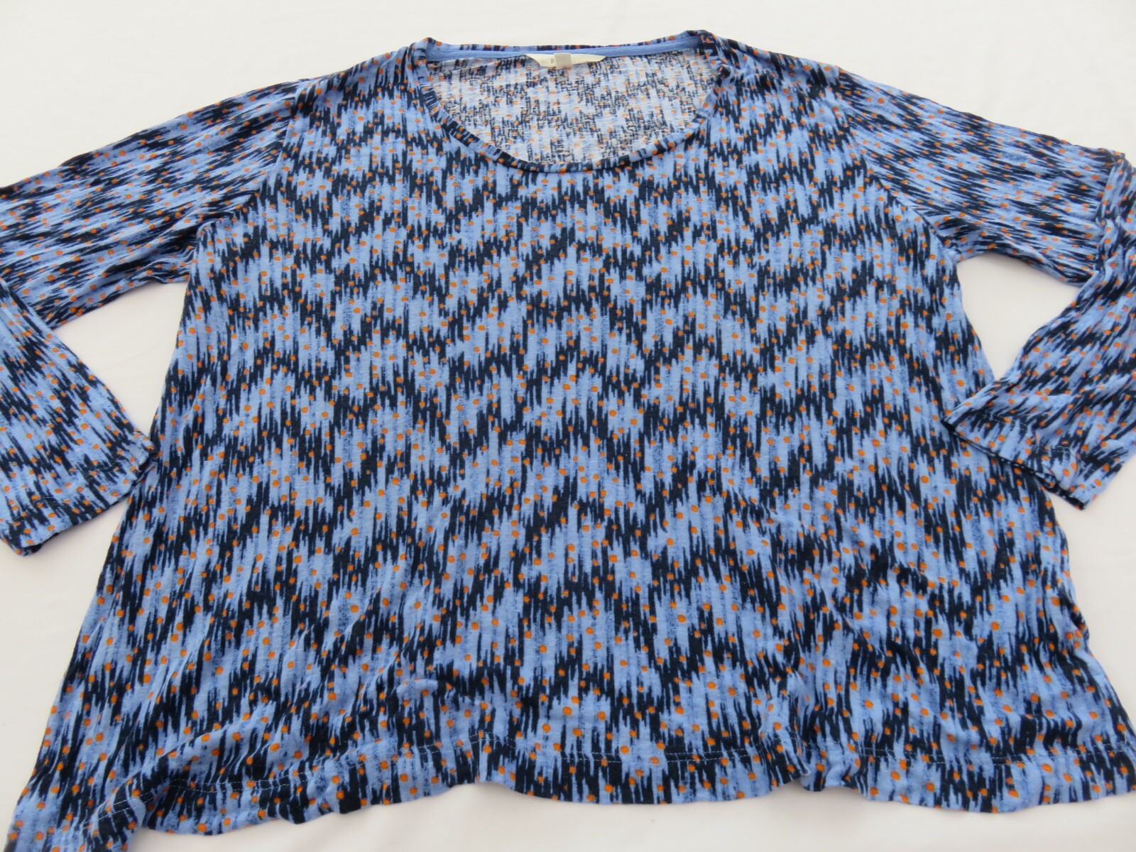 M&S PER UNA FAB BLUES IKAT ISH & ORANGE DOTS PATTERN 30% LINEN BLEND TOP UK 14