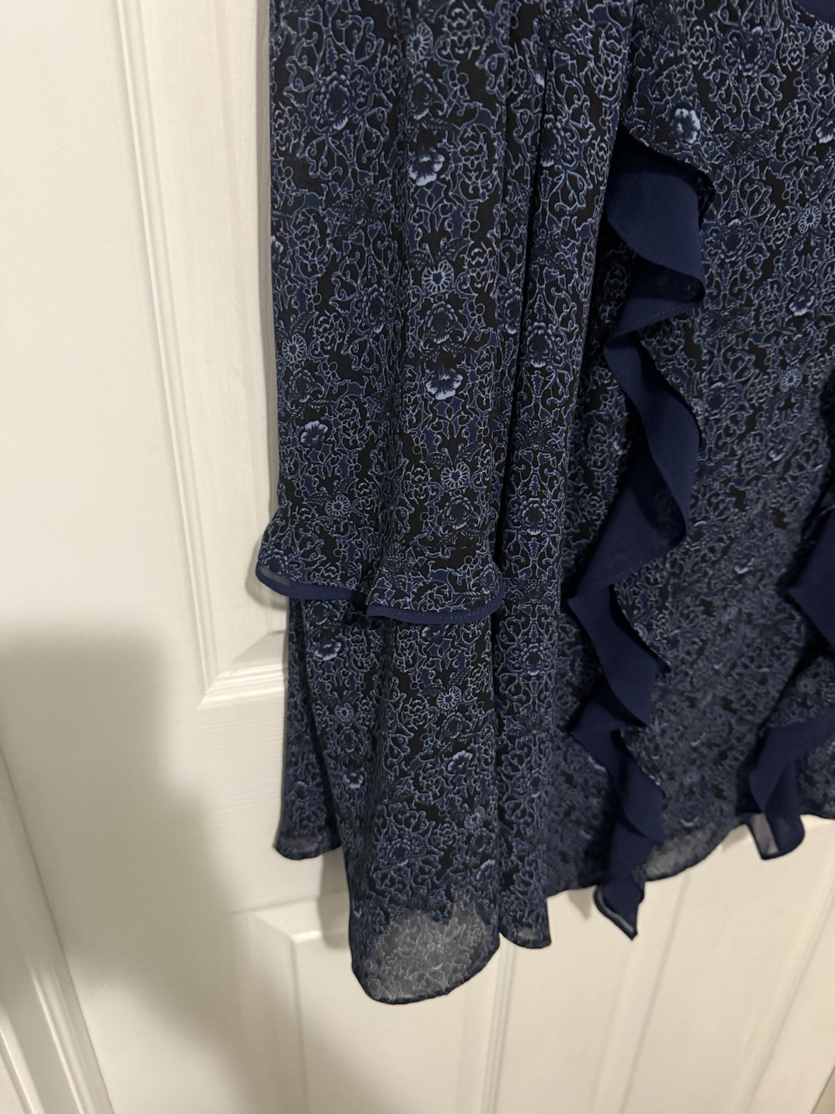 Belle Kim Graver Blouse Blue V-Neck Sheer Ruffle Sz 1X QVC