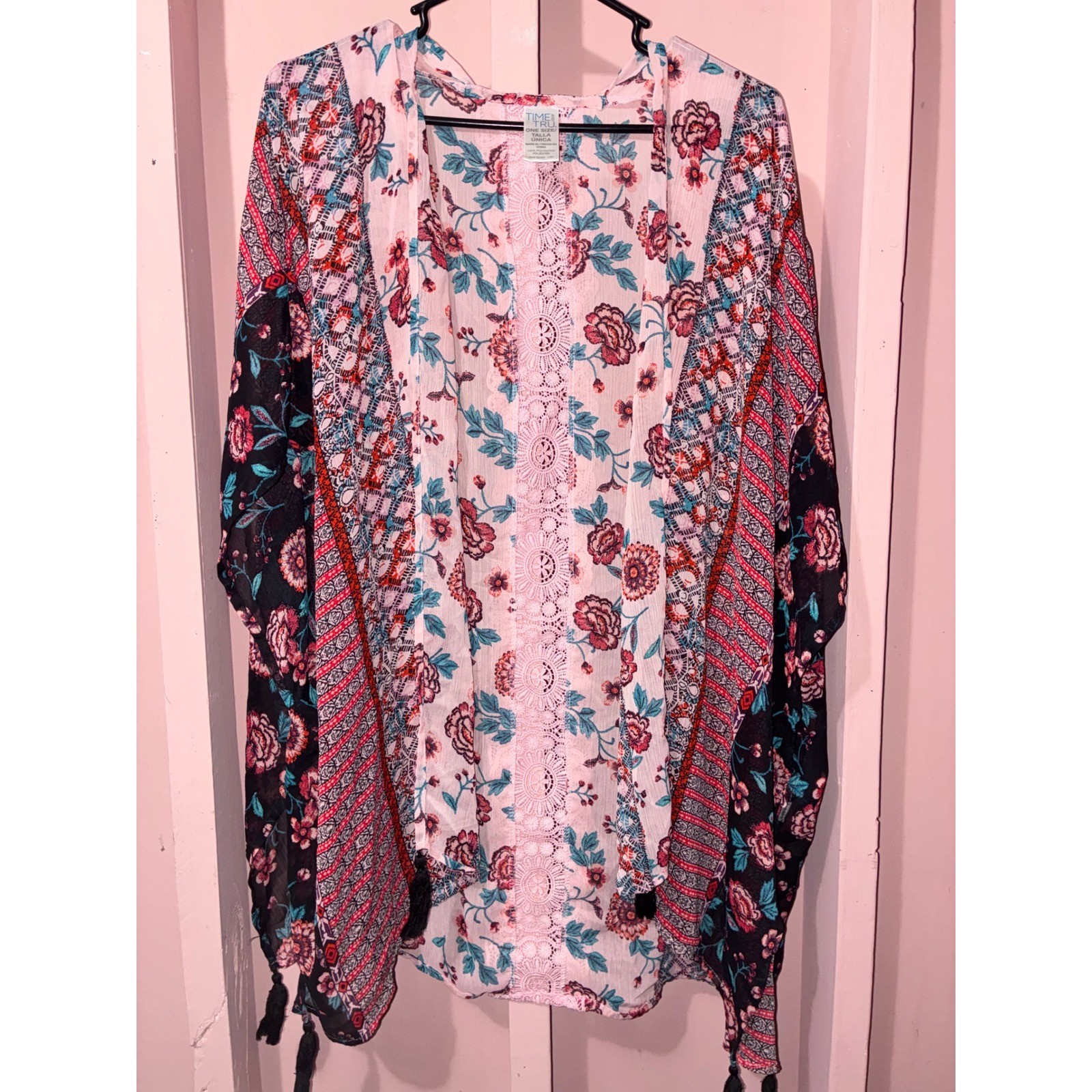 Time and Tru Womens Floral Boho Kimono Wrap Crochet Lace Tassel One Size Pink