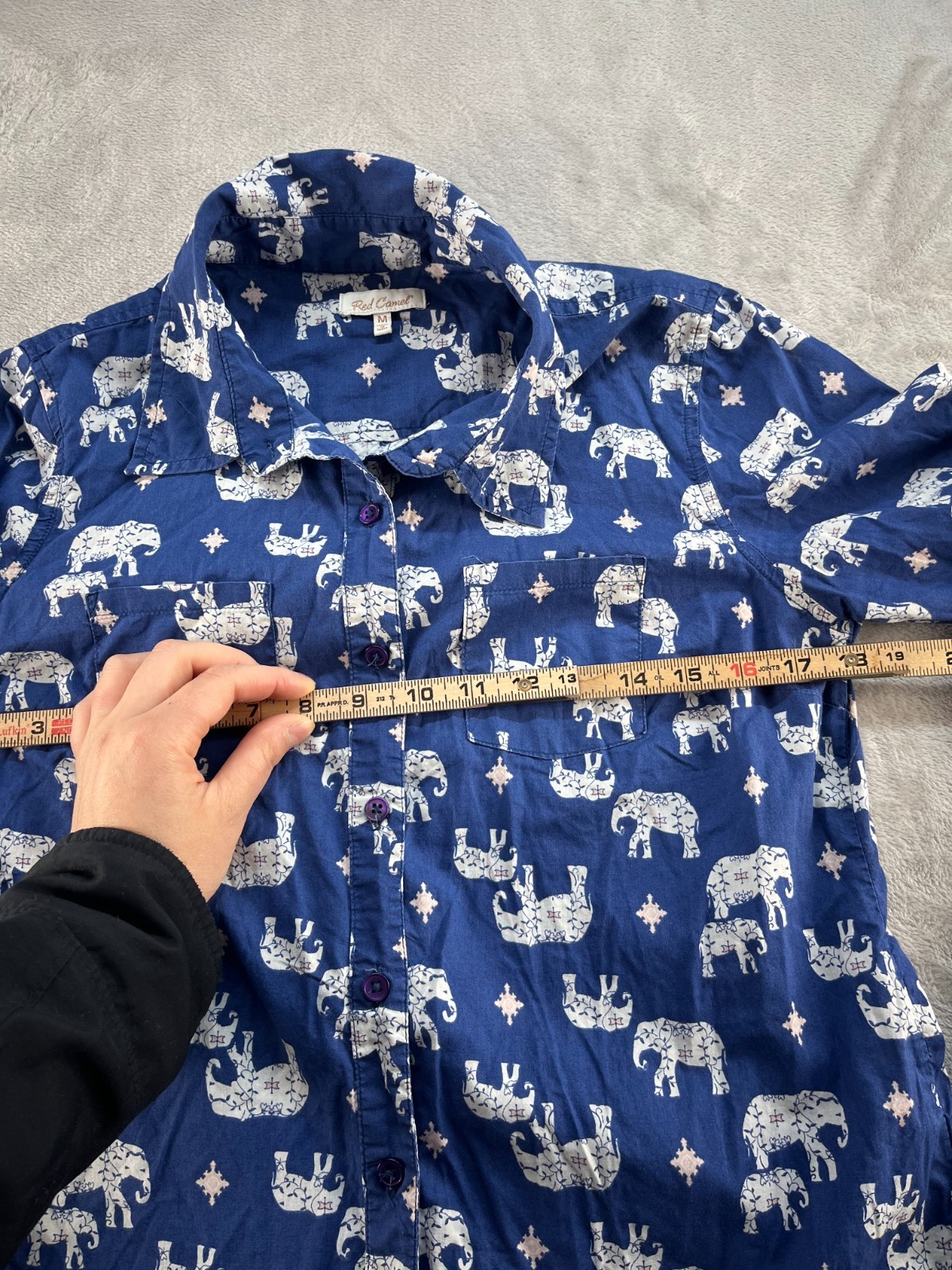 Red Camel Button Up Shirt Womens M Blue Elephant Print Long Sleeves Boho Novelty