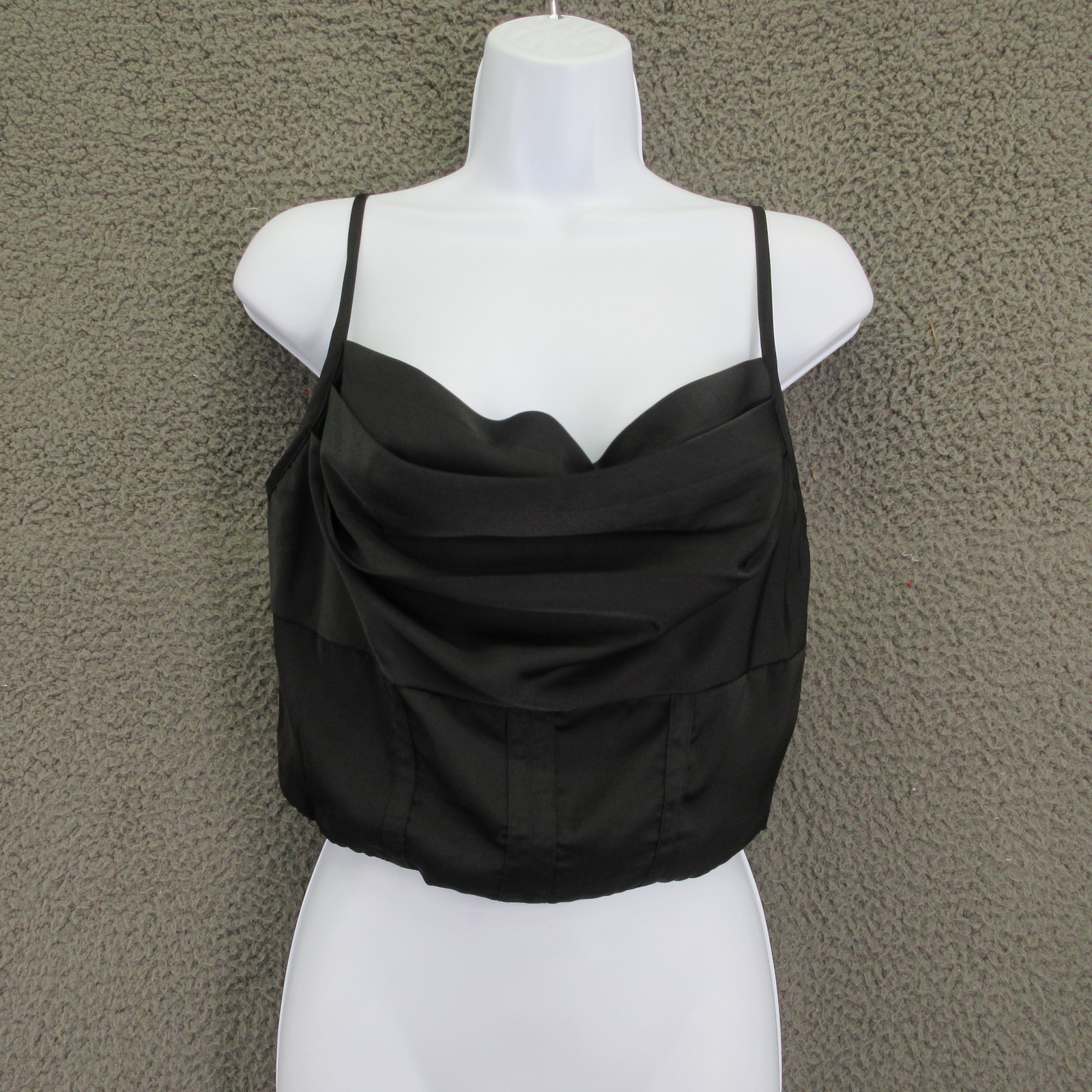 Lulus Crop Top Womens Large Black Cowl Neck Sleeveless Satin Smocked Back NWT