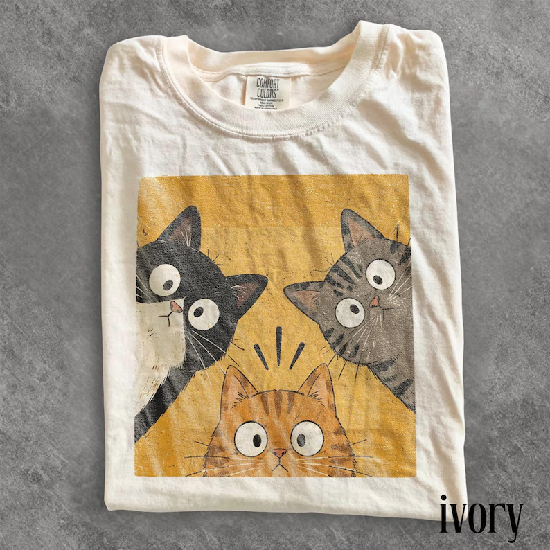 Vintage Funny Curious Cats Graphic Tee, Cute Cat Lover Shirt, Whimsical Retro Ae