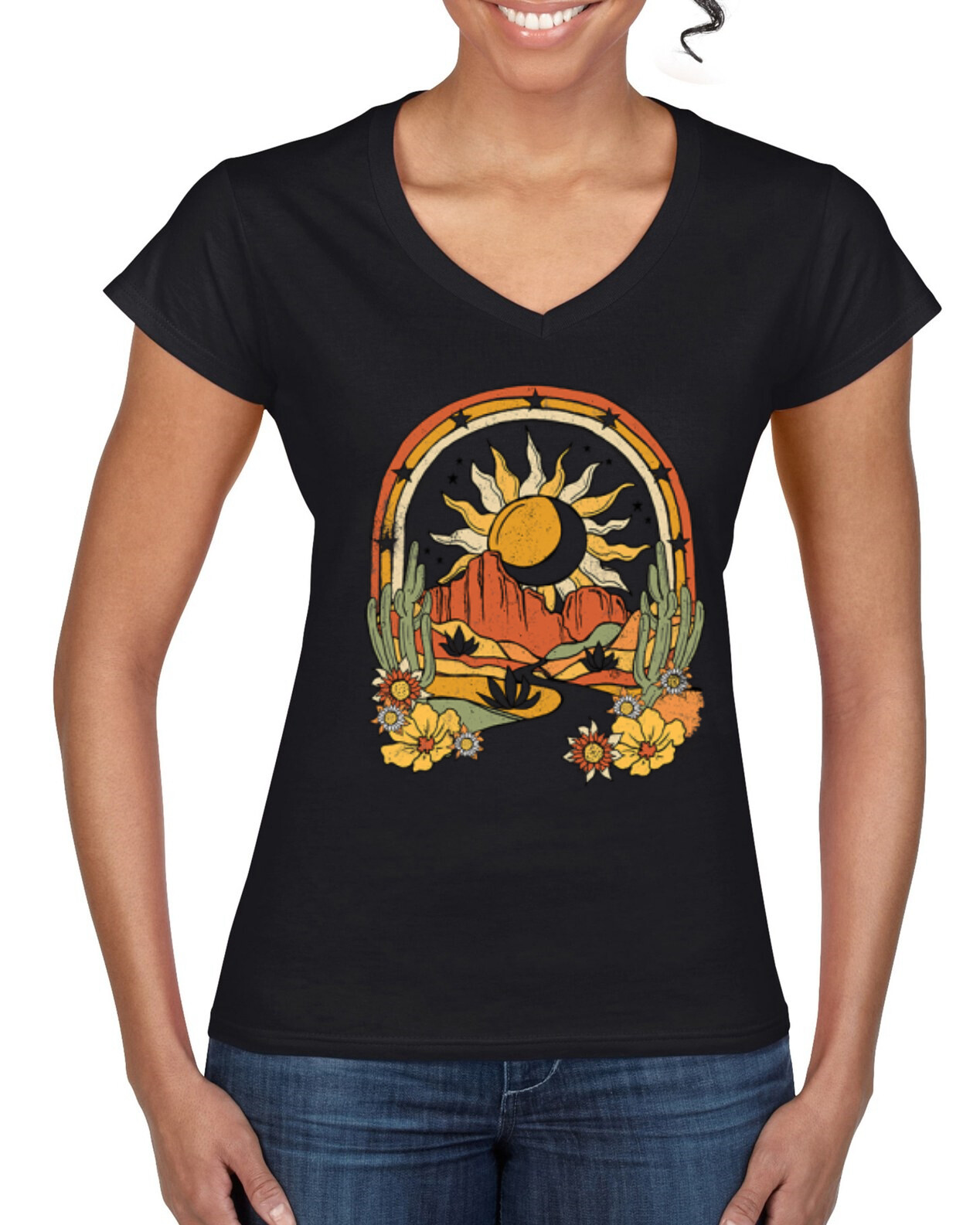 Adventure Sun With Cacti In the Desert With Flowers Women Standard VNeck Tee