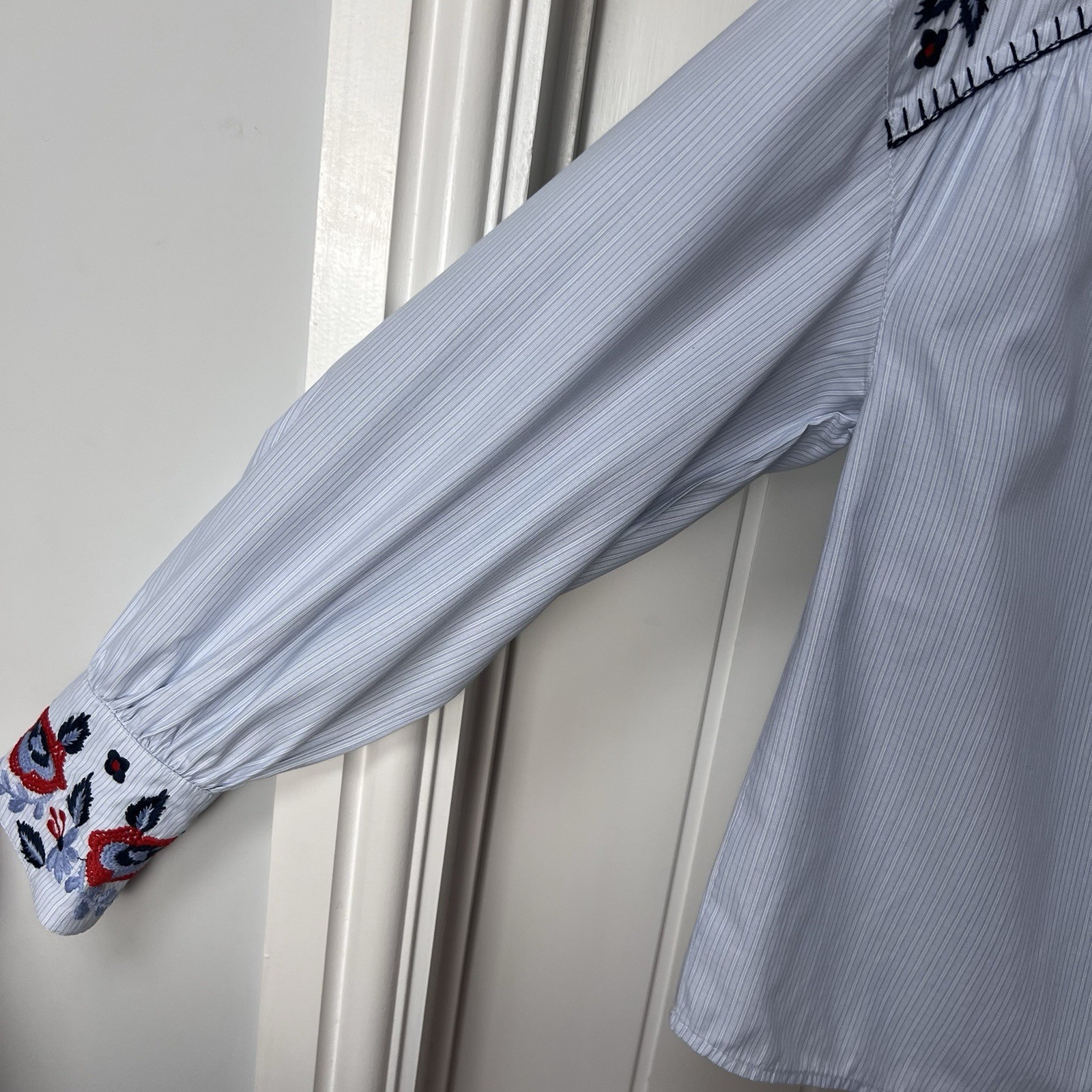H&M Blouse Top Women’s UK 8 Blue Embroidered Long Sleeved Summer Casual Striped