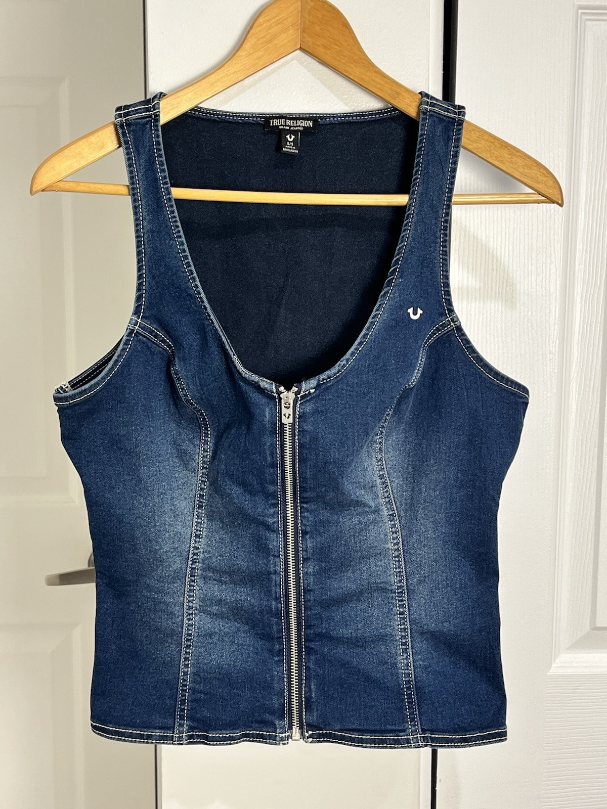 True Religion Denim Bustier Tank Top Zip Front Blue Sleeveless S-EUC