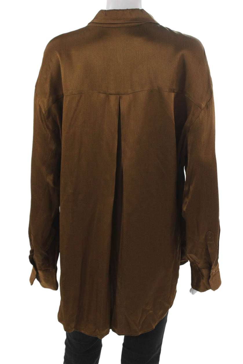Sophie Rue Womens Basic Collared Viscose Button Up Top Brown Long Sleeve Size M