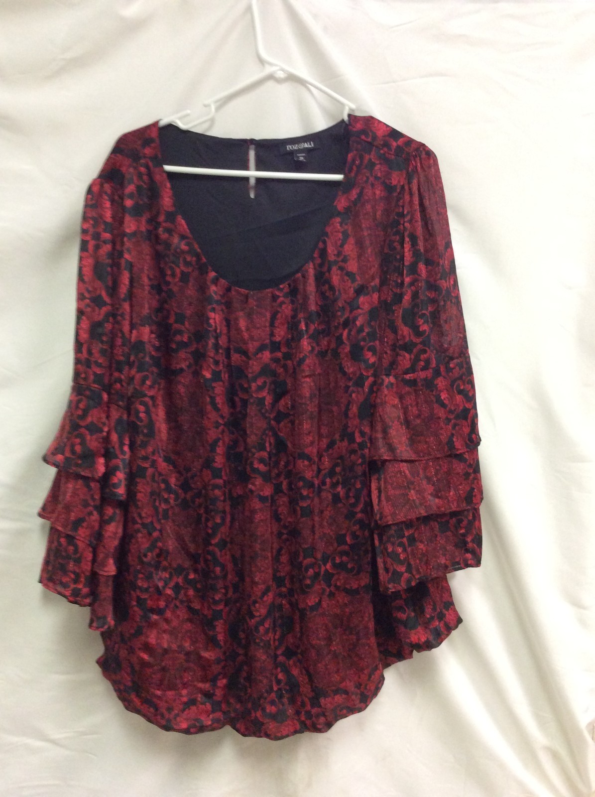Roz & Ali Women’s 3X Red Black Floral Metallic Ruffle Sleeve Blouse Top