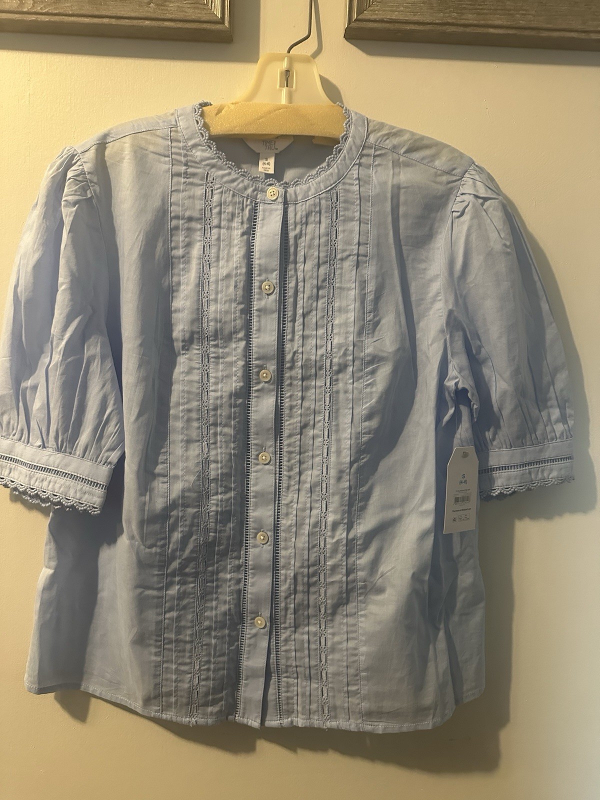 Time and Tru Women’s 100% Cotton Lace Inset Blue Elbow Length Blouse SIZE S
