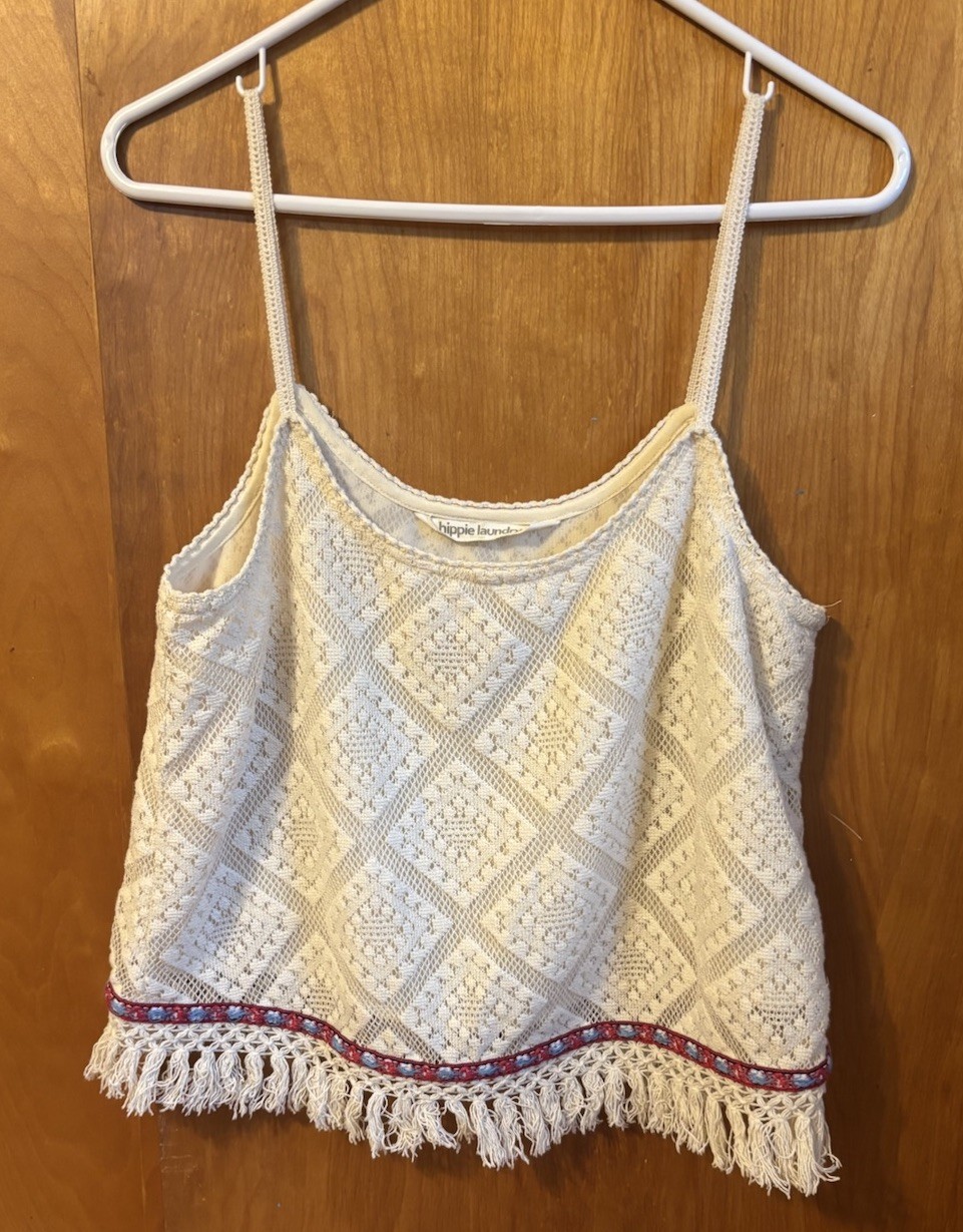 Hippie Laundry White Lace Spaghetti Strap Cami Top Fringe Beaded Hem M