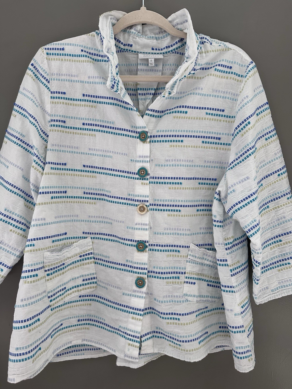 HABITAT Ruched Collar Shirt Jacket XL White Blue Multi Swing Style Pockets Boho