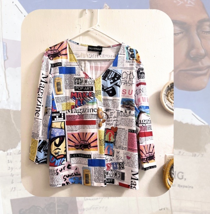 NWT Talk of the Walk Sparkle Magazine Print Pop Art Glitter V-Neck Blouse Sz XL