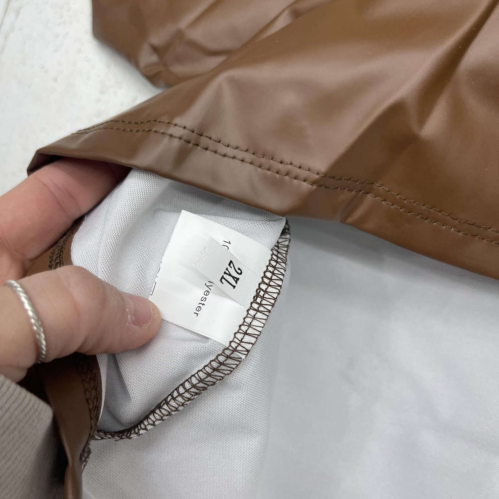 Brown Faux Leather Top Womens 2XL Zip Front Stand Collar Lined Mid Length