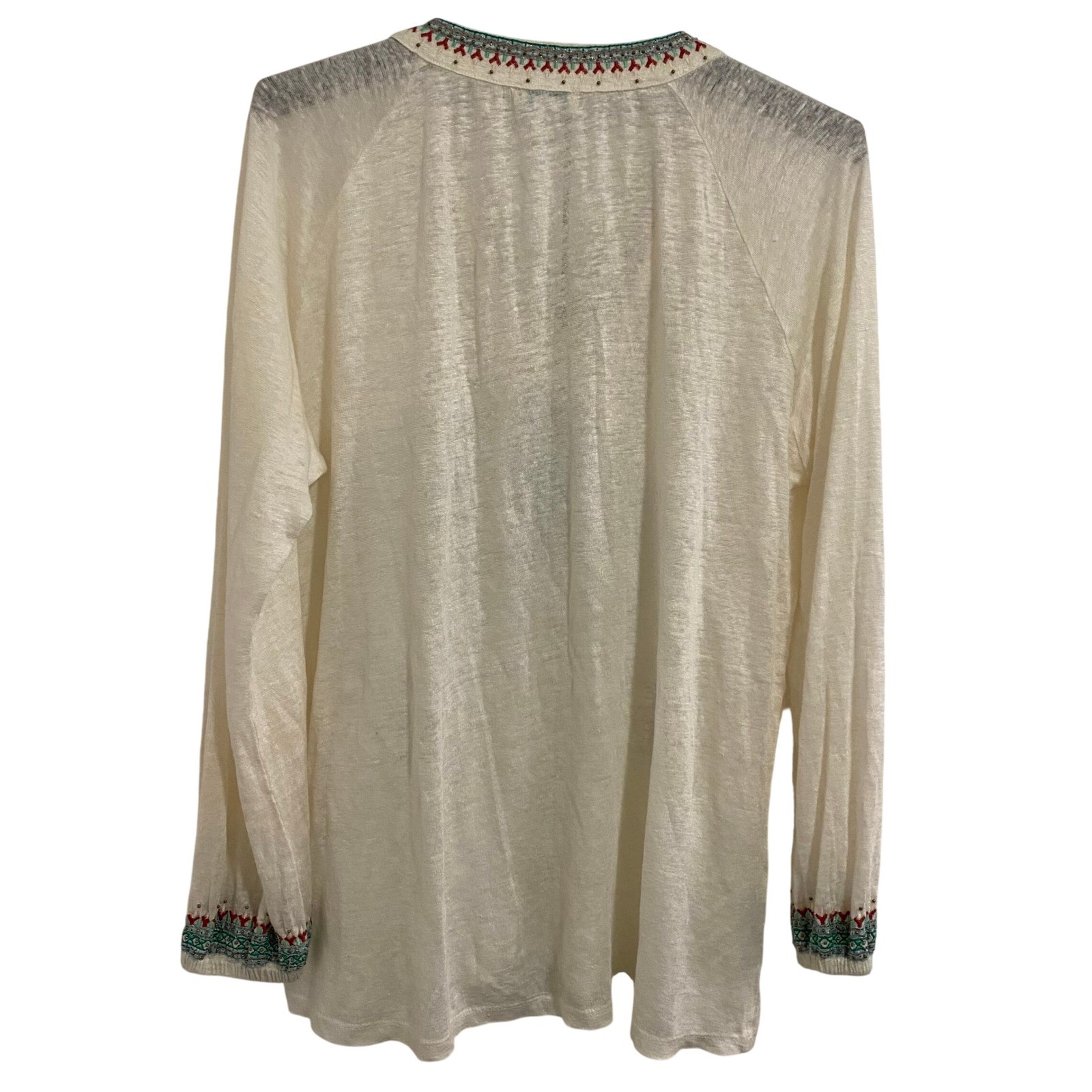 Sundance Embroidered Blouse Womens S Cream Coastal Boho Linen Tassel Top