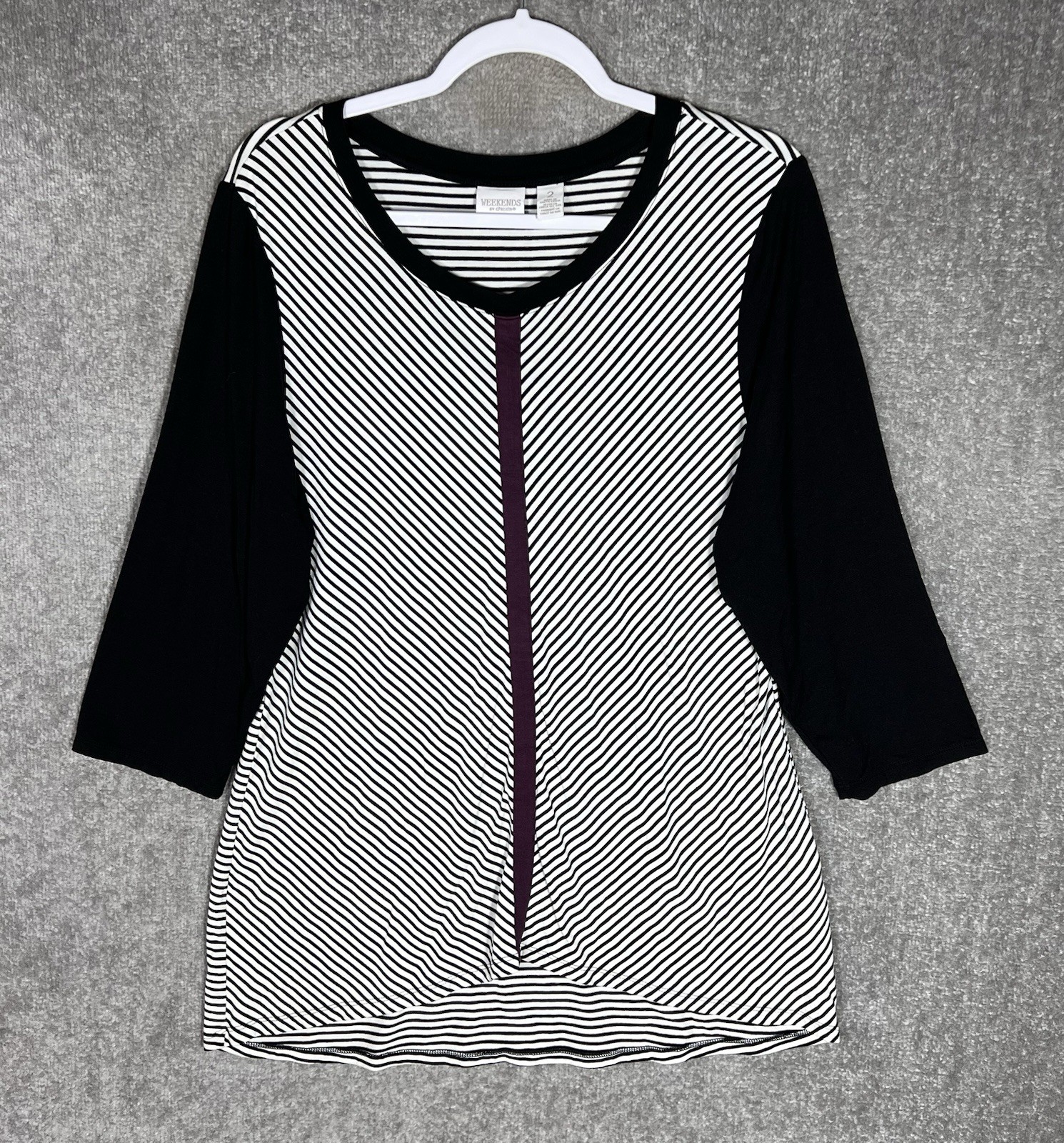 Weekends by Chicos Top Womens Sz 2 US Size 12 Black White Purple Striped Stretch