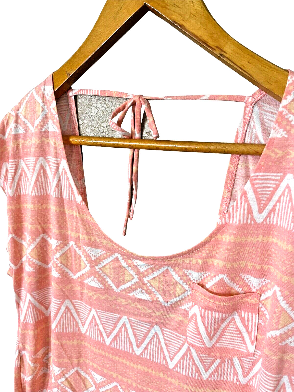 Lilu Pocket T Shirt Womens L Low Tie Back Pink Peach White