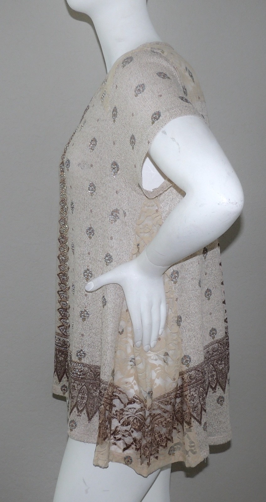Vocal Lace Inset Tribal Short Sleeve Tunic Top w/ Stones Beige Plus 1XL 2XL 3XL