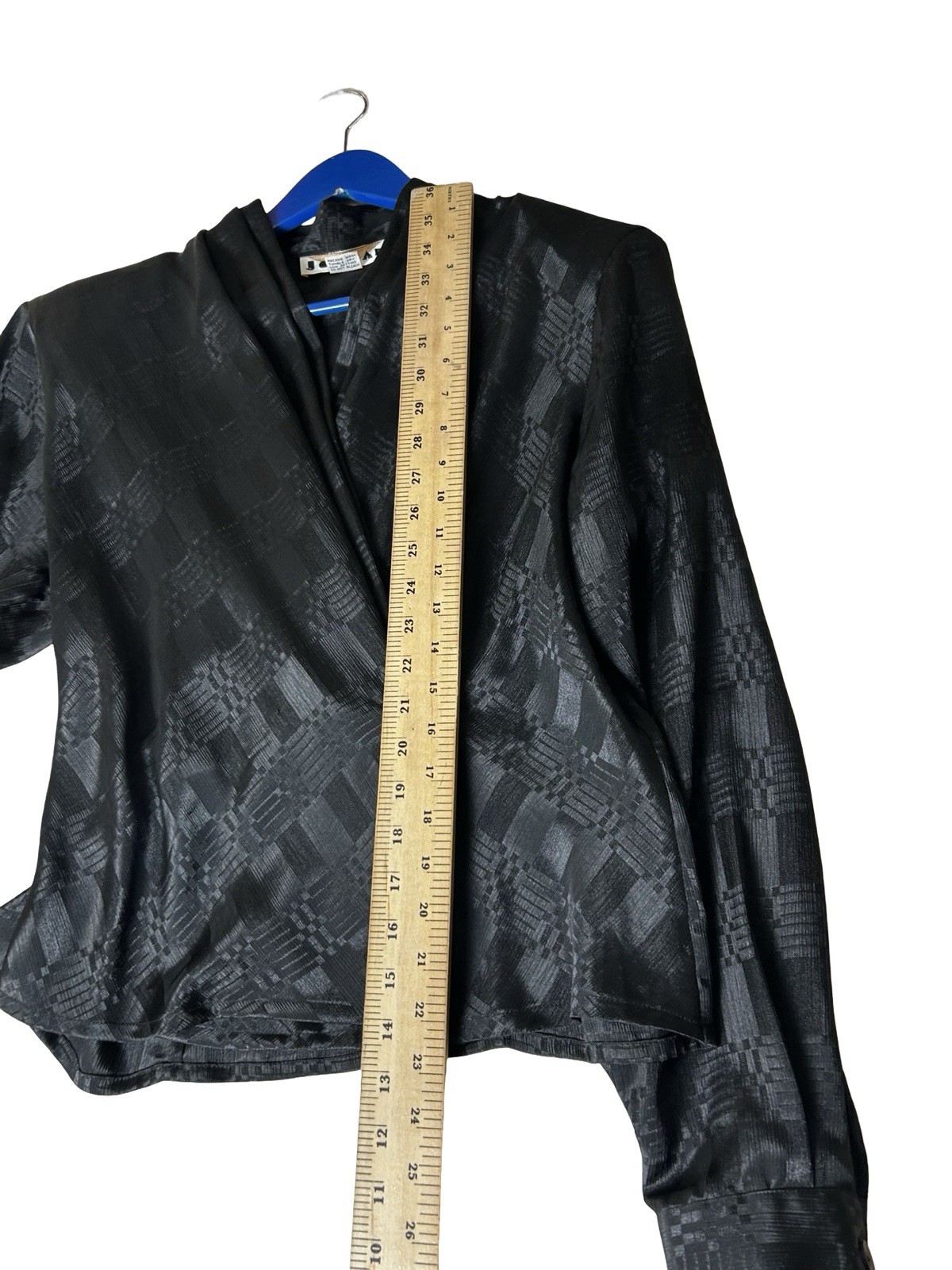 VTG Elegant Satin Wrap Blouse Sz 14 Black Bold Geometric Structured Slim Fitted