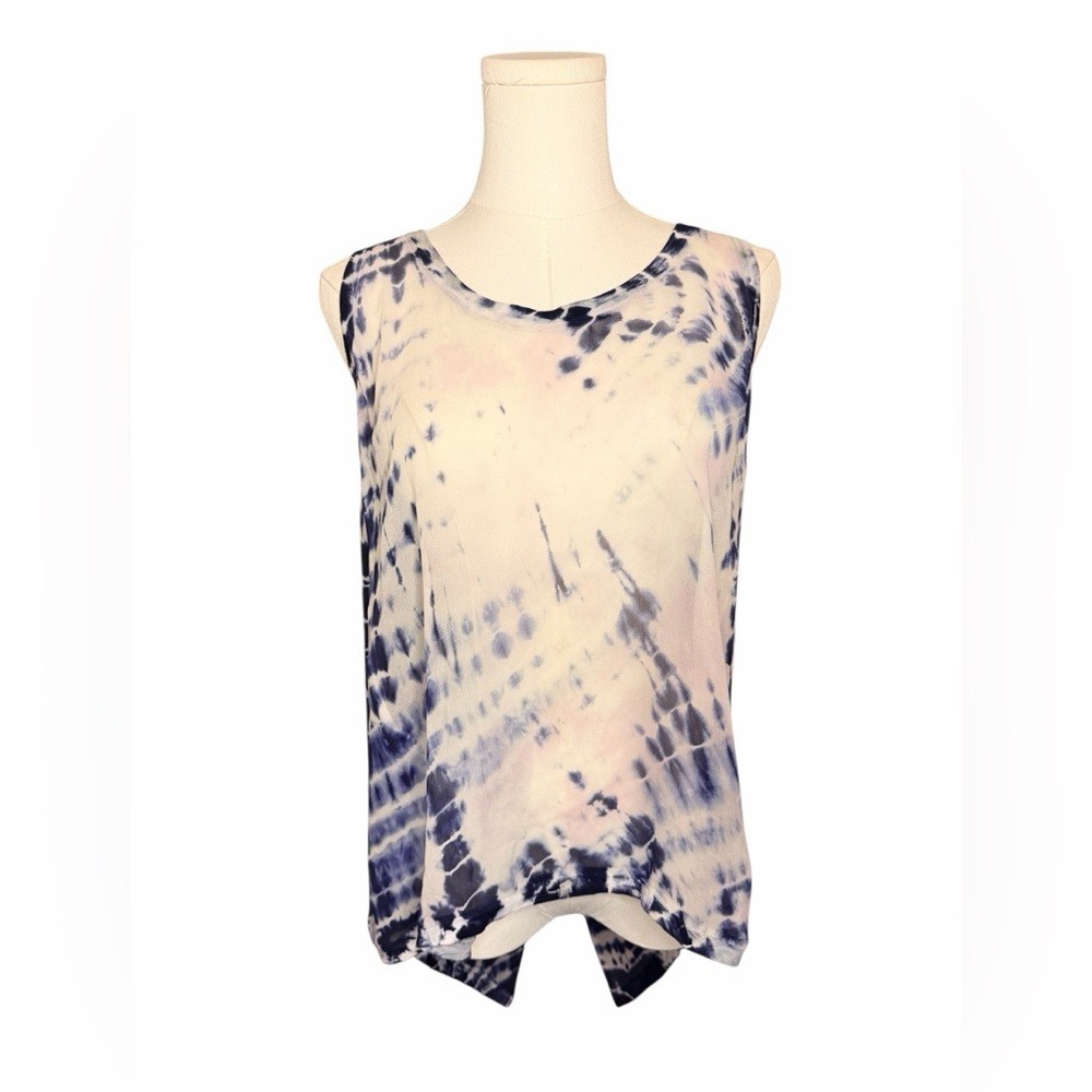 Language Silk Tie Dye Tank Top Blue White Tunic Sleeveless Made in USA M