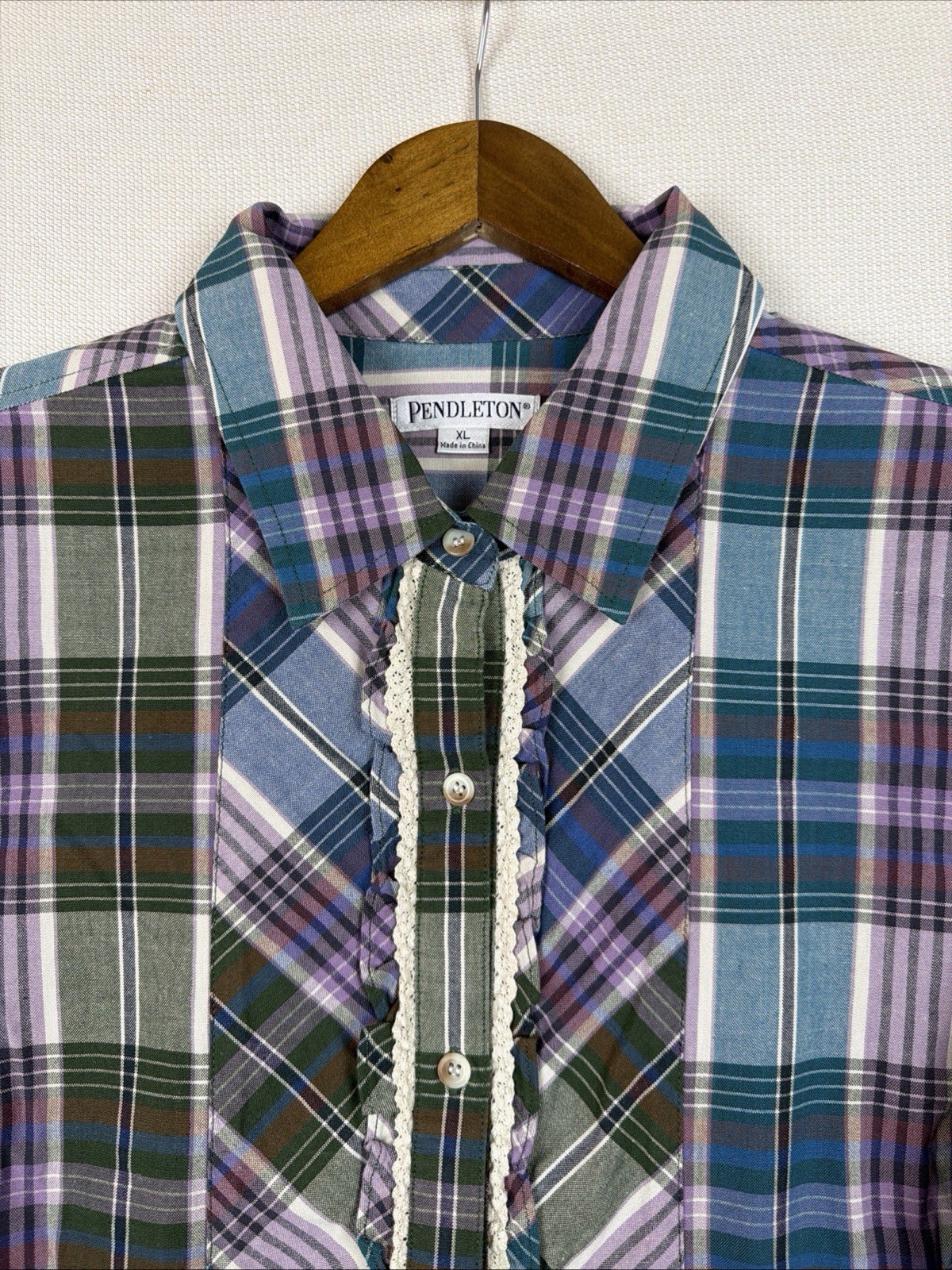 Pendleton Plaid Button Up Shirt Blouse Womens XL Ruffle Detail NWT Blue Green